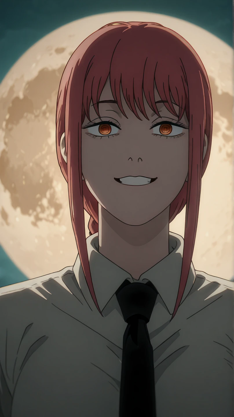 score_9, score_8_up, score_7_up, source_anime, anime screencap, 1girl, solo, mak1ma0, red hair, long hair, ringed eyes, braided ponytail, tie, necktie, black necktie, white shirt, sleeveless shirt, collared shirt, bare shoulders, bare arms, looking at viewer, eye contact with viewer, smile, closed mouth, sleeveless, bare shoulders, arm up, raised arm, armpit, from side, from above, lying in bed