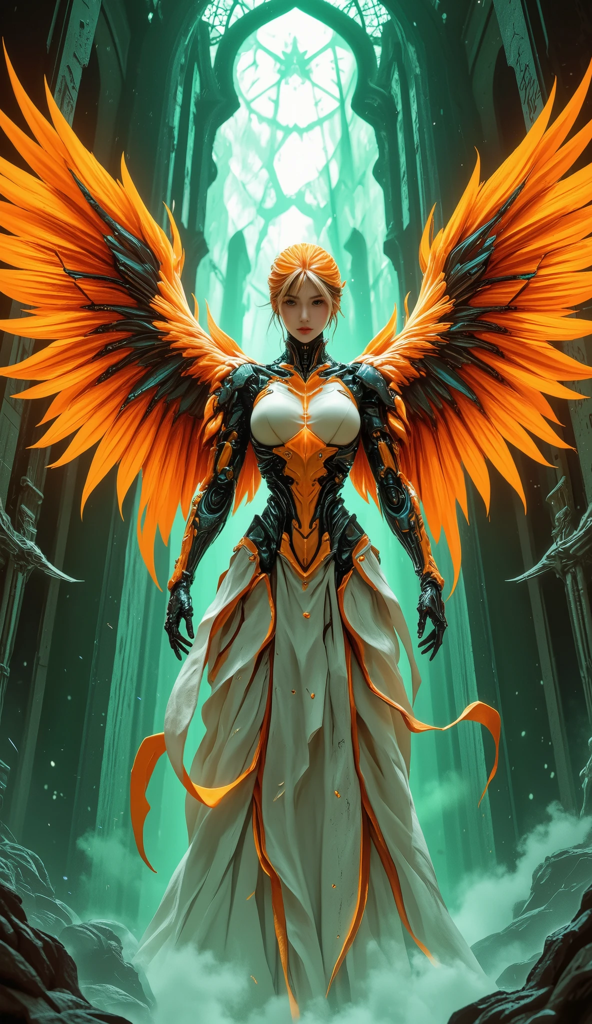 Top quality, offcial art, Beautiful and aesthetic:1.2), (1girll), anglewings, (Full of wings), Wrapped around wings, (White feathers), extreme detailed details, (Fractal art:1.3), Colorful, Highly detailed, A MILF