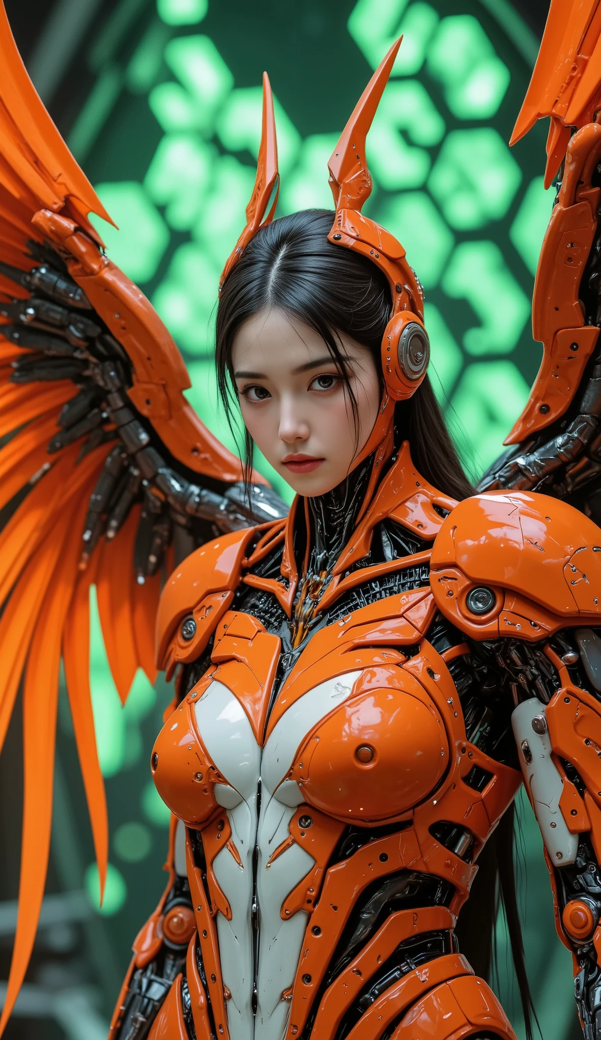 8,000,  masterpiece, highest quality,mechanical phoenix in the shape of a human female,(((brunette human female head)))， cyberpunk, Orange white color scheme , (((Very large mechanical wings))),  smooth design  , hexagonal honeycomb background green light , digital art, Highly Detailed, 3D Rendering, Sci-fi Concept Map  , birds, Android,  Biomechanics  , Glossy effect, Complex machinery  , Gold Highlights ,  dynamic pose,  strongly contrasts  , bright colors, Surrealist Textures，front view