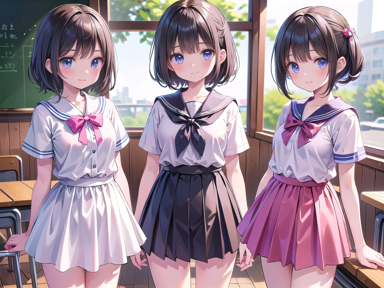 Super detailed, Best Quality, High resolution, Moe Anime, ((((She is wearing a see-through, short, sleeveless sailor uniform., Three cute girls with dark hair)))), (Baby Face), ((Big eyes:1.5, Droopy eyes:1.5)), Pretty eyes, View your viewers, Light skin, Focus on the face, (Flat Chest:1.5), Belly button, In the park with cherry blossoms falling, Knee-high boots, (Short Hair:1.5), (Put your arms behind your back:1.4), Slightly below,