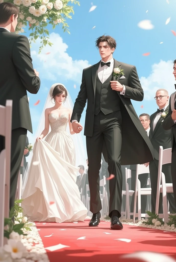 ((Highest quality)), ((masterpiece)), (detailed), (Perfect Face)、The woman is Reika Aoki, the wife of a mafia boss, with medium-long black hair and an engagement ring.、At a luxurious wedding hall, a woman is wearing a gorgeous wedding dress and happily walking down the red carpet aisle with a mafia boss man, having a luxurious mafia wedding.