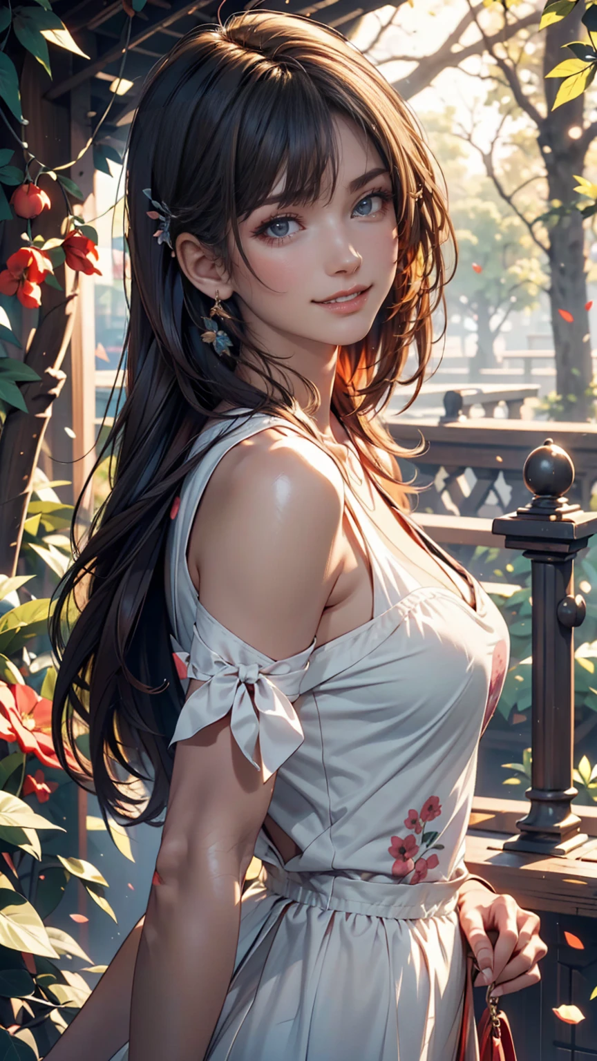 (Absurd, High resolution, Super detailed), masterpiece, Hinata(bolt), ((alone)), One girl,Medium chest, Long purple Victorian dress, Mouth closed, (((Long Hair))),Are standing, Bodice and skirt patterns, Frilled Skirt, race, Blinking blinking effect, (((Detailed lips))), garden, Pink and yellow flowers,  ((Realistic Skin)), Glowing Skin, ((Glossy Red Lips)), Purple eyes, Portraiture, beautiful, smile, (((Dark blue hair))), Bust Crop, Normal skin