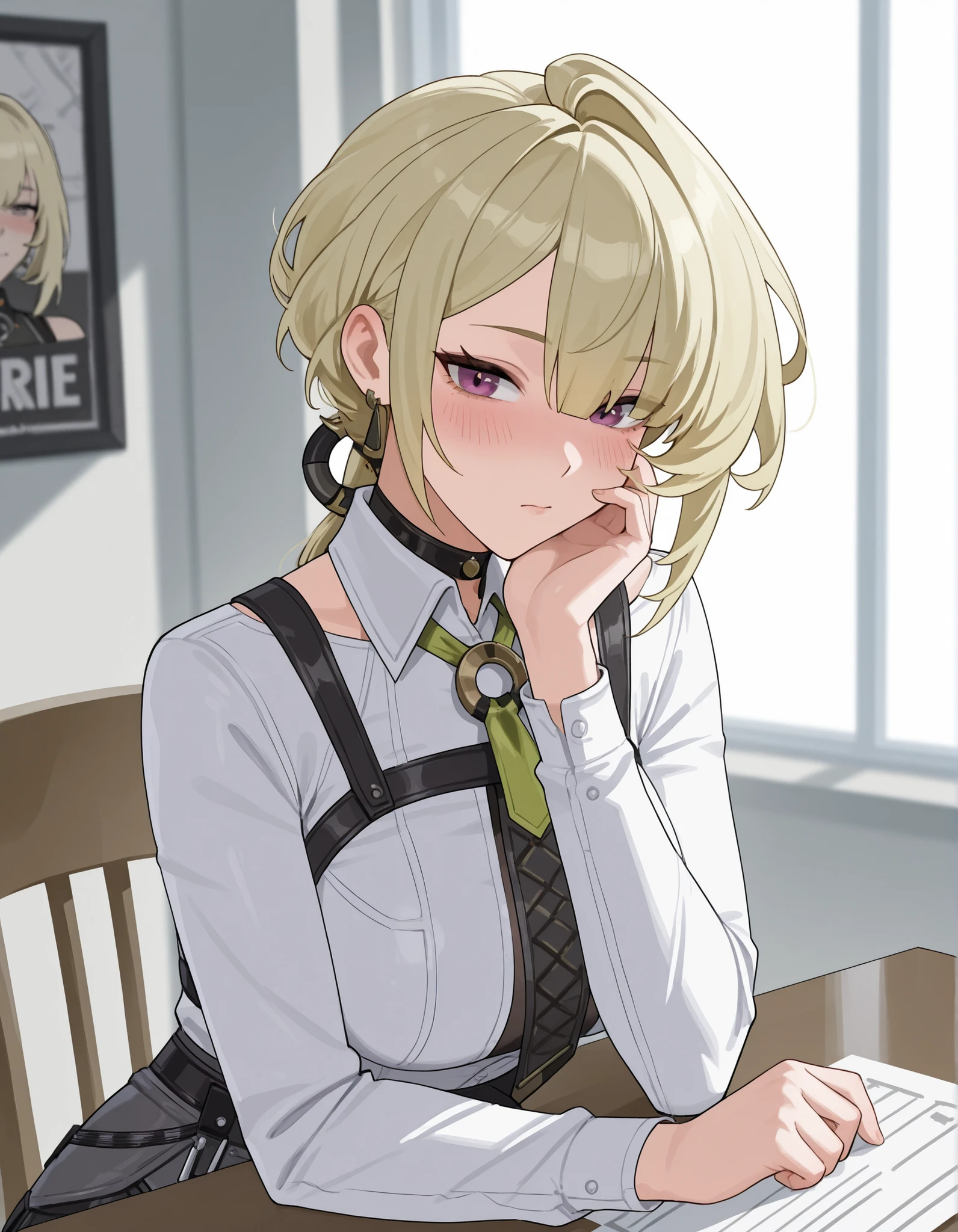 Anime character with blonde hair and purple eyes, her face so serious but still cute, she looking at you like she wanted your answer for her question, she sitting at the chair and her head lying on the table with curious face, her name is evelyn from zenless zone zero, blushing