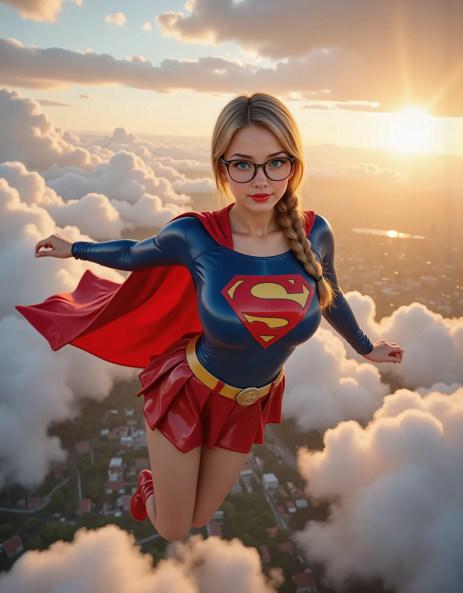 A photo-realistic photo of a beautiful blonde superhero girl flying gracefully through a dramatic sky, golden sunlight illuminating her from behind. She has piercing blue eyes, her hair braided and catching the wind, with a confident, radiant expression wearing nerd glasses. Her costume features a glossy 1980 spandex supergirl crop top, a shiny red pleated skirt, and a long, flowing red cape, and red supergirl boots all reflecting light with a mirror-gloss finish. Her muscular, athletic physique is defined and powerful, emphasizing both feminine grace and heroic strength. PROUDLY WEARING THE "S" EMBLEM.

The sky is painted with golden hour hues, dramatic clouds swirling around her as she soars above a city skyline, the sun casting cinematic highlights across the scene. The image is rendered in 8K UHD, photo-realistic clarity, with ray tracing, vibrant colors, and ultra-detailed textures—from the reflective surfaces of her costume to the subtle textures of her skin and hair. The entire shot carries a film-like gloss and retina-quality polish, capturing the essence of a modern goddess in flight. HUGE BULGING BREAST
