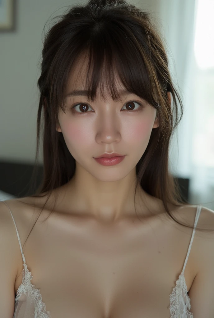 (Raw photo, Best Quality), (Realistic, Photorealsitic:1.4), masutepiece, extremely delicate and beautiful, Extremely detailed, 8k wallpaper, amazing, finely detail, extremely detailed CG Unity, hight resolution, Body Towel、1 japanese girl,(Close up portrait of woman lying in bed:1.5)、The upper part of the body、Soft light, beautiful detailed women、25-years old, extremely detailed eye and face, beautiful detailed nose, Beautiful detailed eyes,Cinematic lighting,Perfect Anatomy,Glamour,Smiling (hair messy, asymmetrical bangs, light brown hair,)