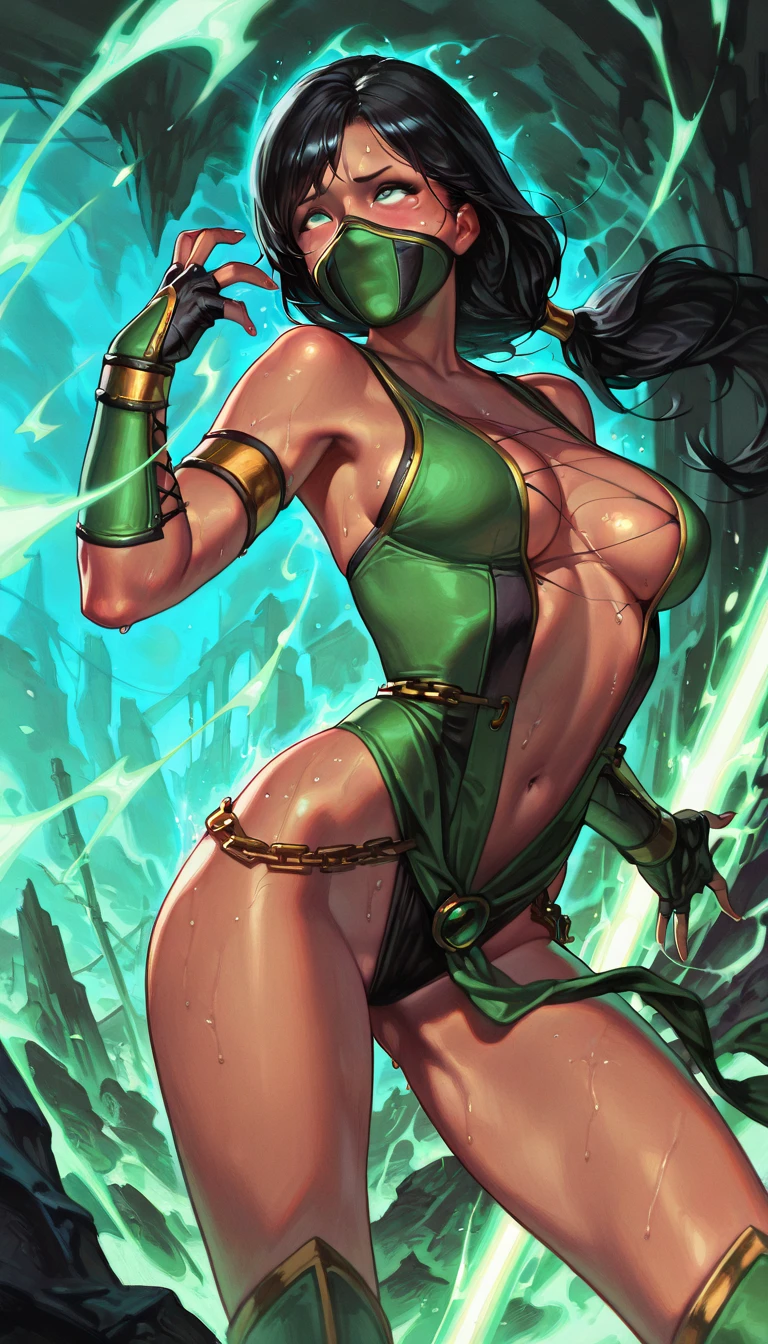 league of legends, akali, ninja, kunai, tattoos, ponytail, green bikini, c string, gloves, no fingers, sleeveless, huge breasts, cleavage, red lipstick, black hair, red eyes, wide hips, thick thighs, muscles, abs, action pose, marvel comic style