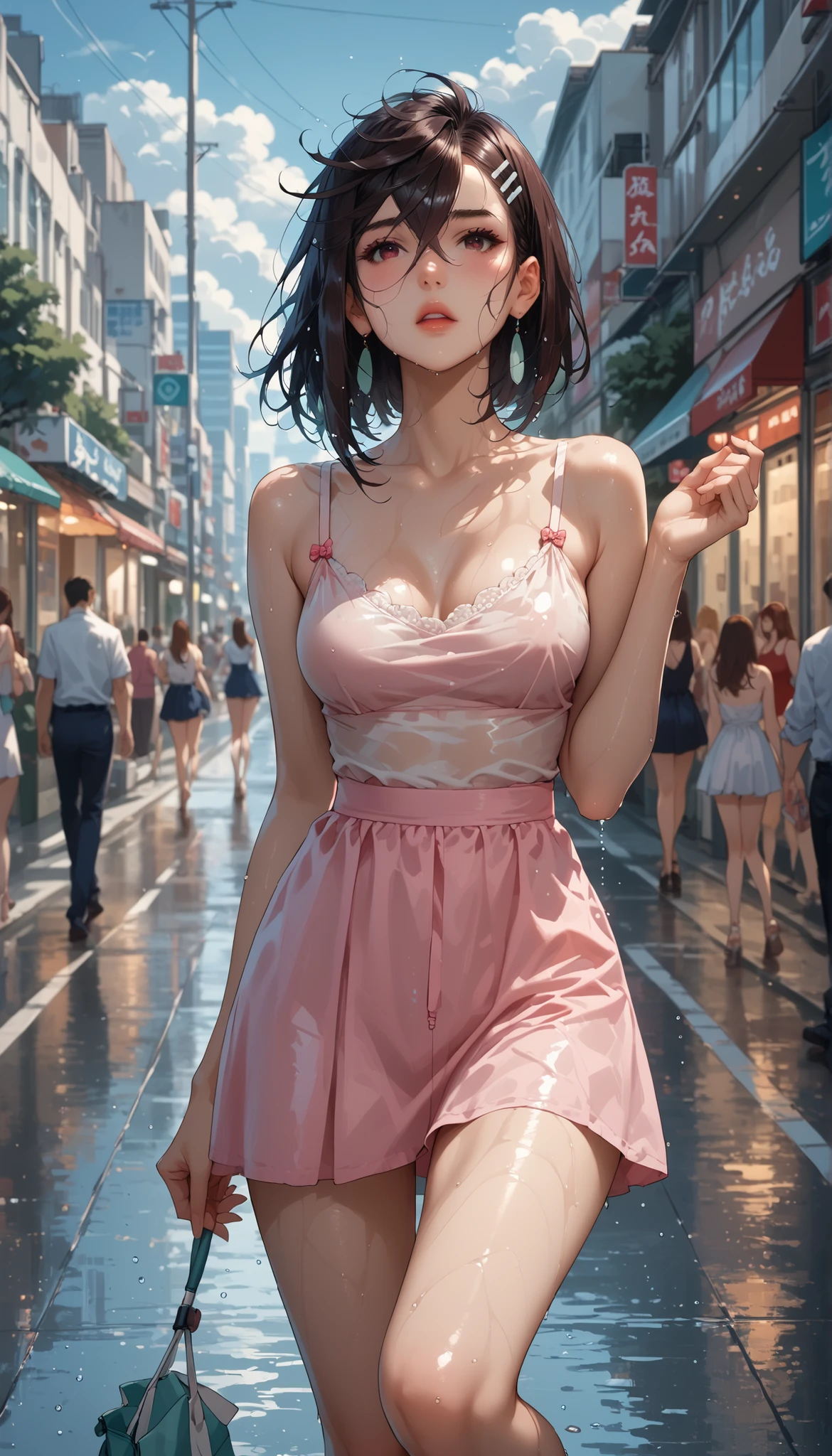 (Best Quality), ((Masterpiece), (Details: 1.4), 3D, Beautiful Cyberpunk Woman, HDR (High Dynamic Range), Ray Tracing, NVIDIA RTX, Super Resolution, Unreal 5, Subsurface Scattering, PBR Texture, Post Processing, Anisotropic Filtering, Depth of Field, Maximum Acutance and Acutance, Multilayer Textures, Albedo and Highlight Maps, Surface Shading, Accurate Simulation of Light-Material Interaction, Perfect Proportions, Octane Rendering, Dichroic Light, Large Aperture, Low ISO, White Balance, Rule of Thirds, 8K RAW, Pink Puffiness, NSFW, (Kpop Idol), (2 Girls Touch Each Other's Tits), (Crowd Watching), Hand Touch Breast, Kneeling, Posture, Exposed, Seductive, Sexy, Poor, Movie, Tears, Teardrops, (Torn Clothes: 1.9), (Clear Wet Clothes: 1.8), (Perspective Section: 1.8), Charming Leg Temptation, Drooling, Bare Shoulders, Real Rain, Wet Hair,.. Wet transparent pajamas, wet torn panties, breasts coming out, sweaty skin, blushing, (cum in face:1.4), (cum in tits:1.8), (in crowded places), (he's wet)