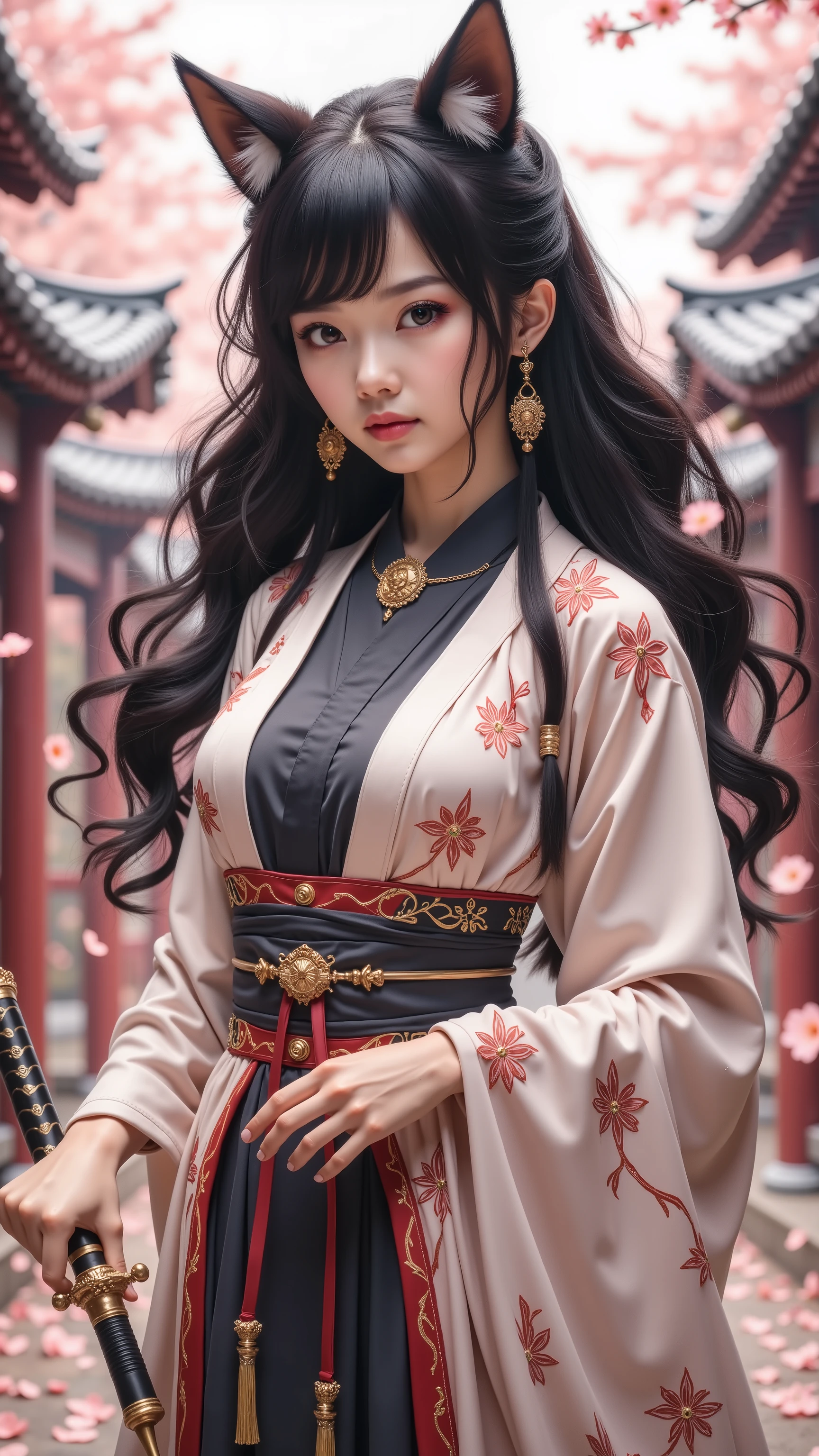 (traditionally inspired jacket:1.tylist of Kangen Ashura)))((Body adjustment, Normal posture, musculosa, agile, Body )) 2.resolutions 5d (Manhwa eyes)(ultra detailed face)()() portrait of a slender adult, close, SMALL EYE HAIRSTYLE_//light cream colored//_((cat girl, cat black ears)), (red eyes), (long hair), (( black hair, (Ahoge), straight bangs,)),, of fair skin((eyes)) figure , probably in their late twenties or early thirties, is the central focus . she has long , of flowing black hair and wears elegant, from Larx Entertainment Studio. with layered; a kimono-style outer coat, kimono style outer coat, and a dark, possibly anthracite gray, on a shirt with collar. She wears a decorative belt in shades of gold. she's wearing gold earrings and a dark-colored necklace(A black spot covers his right eye:1.Her facial expression is serene and composed, with a neutral look directed slightly towards the outdoor stage. She seems to be of East Asian descent. Her build is slim but well-proportioned. is holding a, ornate sword , His handle and scabbard show intricate golden details. The figure stands amidst a light-pink and peach-toned backdrop, that suggests a quiet, spectator's right with cherry blossoms and elements of traditional East Asian architecture, garments such as roofs or pagodas, gently blurred in the background. The colors are muted and harmonious, with subtle, warm lighting. The perspective is slightly high, focusing on the subject from above the waist up, creating a , almost ethereal atmosphere. The style is inspired In the anime, or digital painting, with soft lines and soft shading. The general mood is elegant and serene.