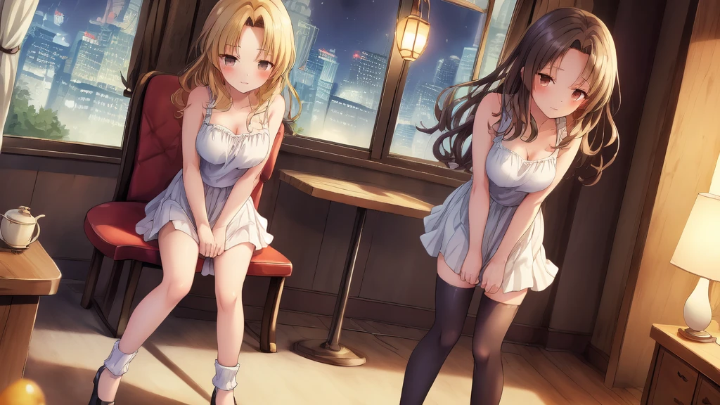 1girl, aster nemesis, dark-skinned female, black hair, very long hair, yellow eyes, flat chest kimono, obi, ribbon, twin tails, looking at viewer, outdoors, city, night, smile, ,,,(nsfw),8yo,bare foot,nipple,(((cun))),open mouth,tongue,bare shoulder,(((Gyaru)))