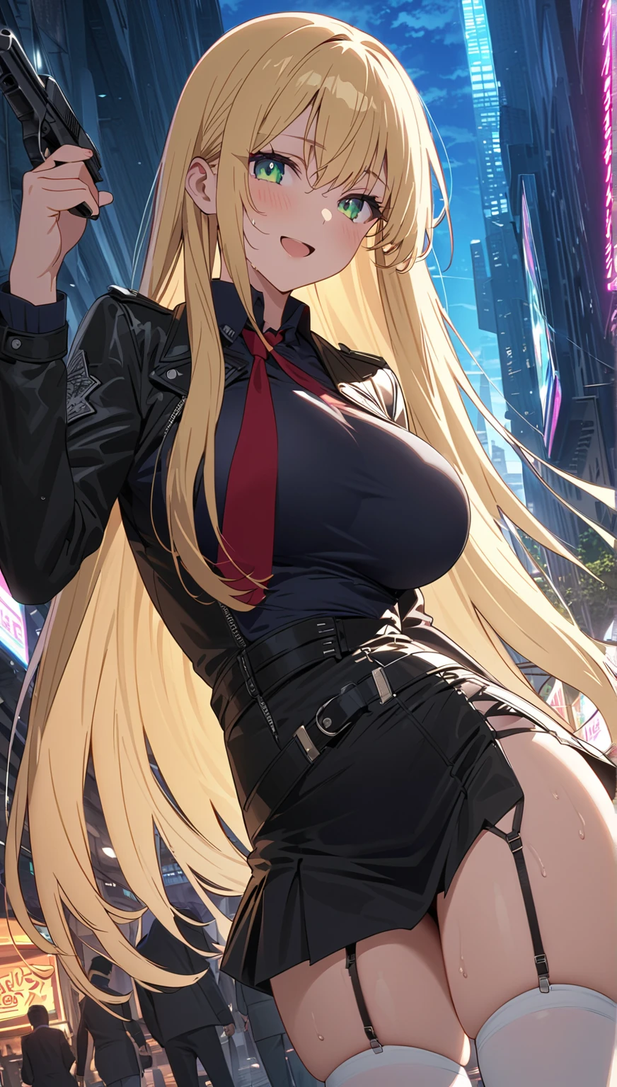 (masterpiece, best quality:1.2), intricate details, 1girl, solo, sky striker ace raye,cityscape ,blue eyes,long Blond hair, black headdress.Dark brown tie, jumping from the rooft of a building,raining,stars,night,narrow bust,frontal view,(mature female:1.2),huge breasts:1.6,thin body