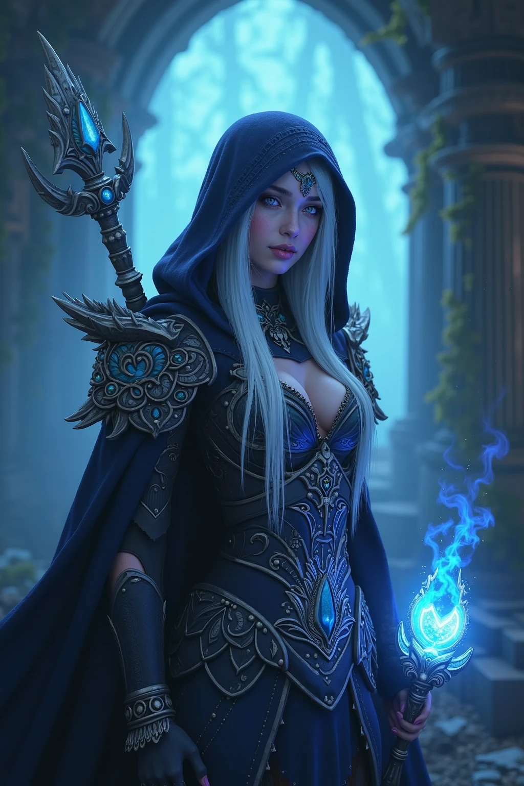 masterpiece, best quality, 1girl, mature female, large breasts, armor, breastplate, hood, silver hair, sit, wariza, forest, Glowing eyes, dark scene, slva_wndrnner
