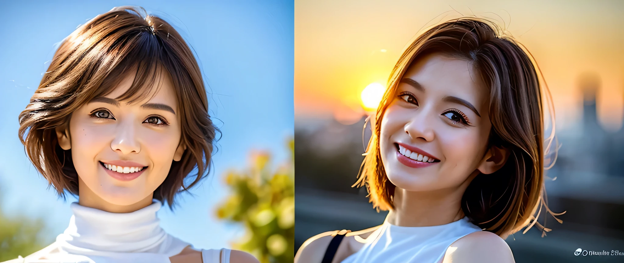 (((champagne))),(( wine glasses)),Wine Party,(White Wine)),(( wine glasseses)),(realistic, 超realistic:1.4), 16K high image qualityR, high image quality ,((White Wine)),happy smile,Age 33,Age 31,the beauty of Japan,Actress Couple,Model Couple,(gently),short hair,upper body,waist up, after the concert ,Brown short hair,japanese actress,upper body,upper body, turtleneck dress,There is a beautiful sunset in the background,volumetric light with five fingers, realistic proportions, ( Spectacular Sunsets ),super realistic 肌,5 Pretty Fingers , Super beautiful expression ,fantasy art, Character Art , cloud effect :1.2、Full Rendering、プロ品質のhigh image quality,slim figure,very detailed face,has very elaborate eyes , beautiful lips, Superior Light Particles , Cinema Light,Compensate,超high image quality,Ultra-realistic Skin,