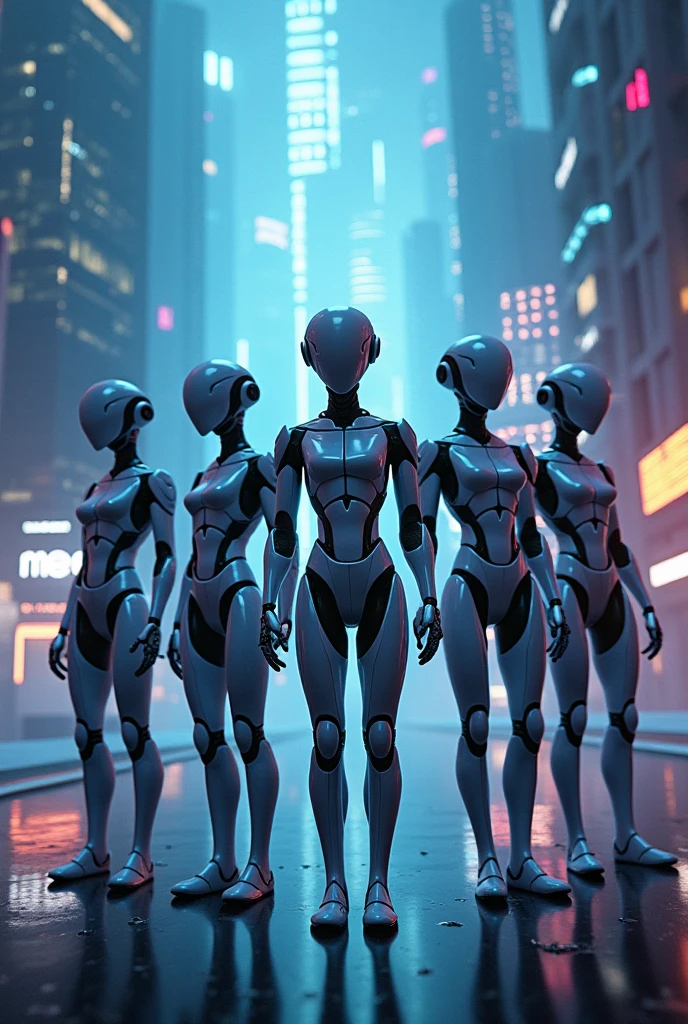 Create an image featuring a dynamic group of futuristic AI robots, designed with sleek, metallic surfaces and glowing accents in vibrant colors like blue, silver, and neon green. Each robot should have unique features, such as different shapes and sizes, showcasing advanced technology like articulated limbs and digital displays. Prominently display the letters "O.XYZ" in a bold, futuristic font above the robots. In the background, incorporate the phrases "Open AI" and "Super AI" in a stylized manner, using a high-tech font that complements the overall aesthetic. The scene should be set in a digital landscape, with abstract circuit patterns and a soft glow, giving a sense of innovation and progress.