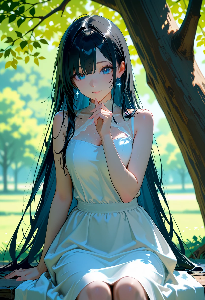 1 lady, Beautiful asian lady, Long straight hair, beautiful face, detailed face, delicate eyes, detailed pupil, beautiful and delicate lips, white camisole long skirt, Simple and stylish, hand drawn animation, high detailed, outdoor, blush, shy, heart, in love, symmetrical clothes, best quality, masterpiece, retina