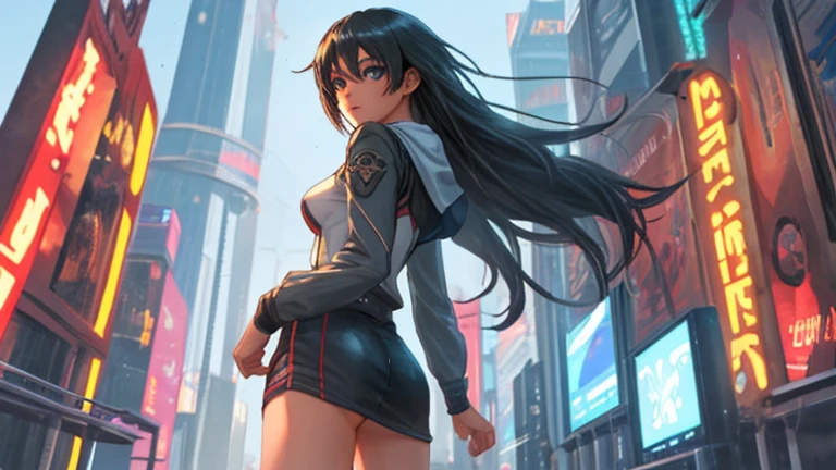 woman,14 years old,,city,night,(((white and blue tight miniskirt bodysuit))),,open mouth smile((leather thigh high boots))(See-through),(()),((saten ruiko)),blush、surprised face,((())),((look back))(wet with sweat)Reflecting the buttocks