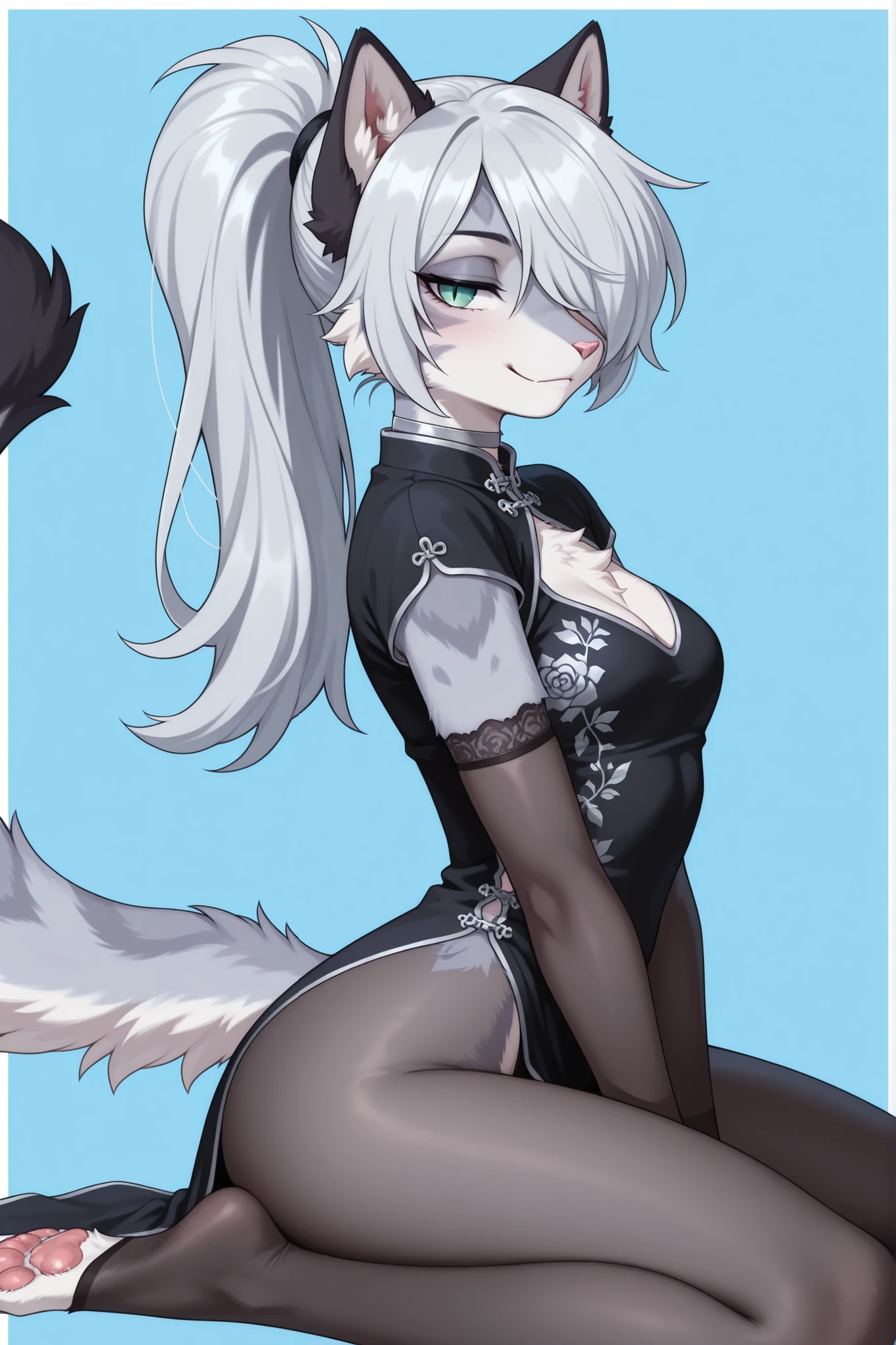 masterpiece, best quality, amazing quality, from side, furry, furry female, cat girl, aged up, wariza, half-closed eyes, smirk, looking at viewer, silver hair, long hair, ponytail, hair over one eye, bangs, teal eyes, slit pupils, gray fur, silver stripes, detailed fur, small ears, small breasts, pawpads, choker, black china dress, cleavage cutout, highleg dress, lace-trimmed elbow gloves, pantyhose, light blue background, white border, (anime screencap:1.1)