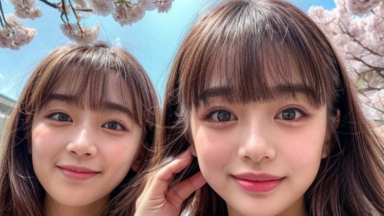Best_Quality, HDR, masterpiece, Hi-Res, (realistic and photorealistic with touch of rawness:1.37), (group photo:1.6), ((SchoolGirls Surrounding the camera in Upward composition)), Panoramic, (Filled with many Faces), (NOGIZAKA face variations:1.4), { Looking down at the camera | (Kissing face to face) }, (((close:1.2, Face closeup from below:1.4))), (((Sky background)) with CherryBlossoms) . BREAK  Extremely Detailed KAWAII face variations, captivating gaze, elaborate detailed Eyes with (sparkling highlights:1.32), long eyelashes、Glossy RED Lips with beautiful details, Coquettish tongue, Rosy cheeks, Glistening ivory skin . { (Dynamic joyful expressions) | (:D) | (Kissing) }, { baby hair | Updos | OKAPPA }, Childish, SchoolUniform .