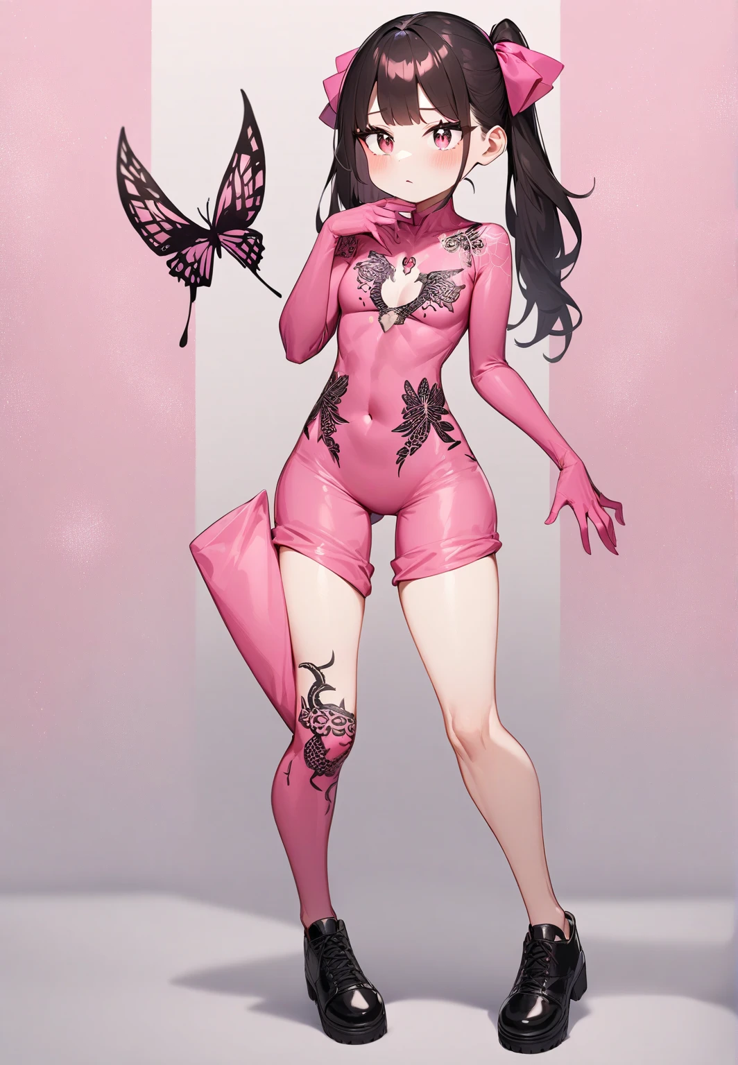 front view, 18 year old asian girl dressed as ladybug, (ladybug from Miraculous: Tales of Ladybug & Cat Noir:1.0), red lipstick, wearing tight sexy skimpy ladybug outfit, full body, caramel skin, long wild black hair with purple highlights, toned legs, small natural breasts, slim waist, topless, exposed breasts, tiny black panties, looking at the viewer, dark solid background, ladybug costume