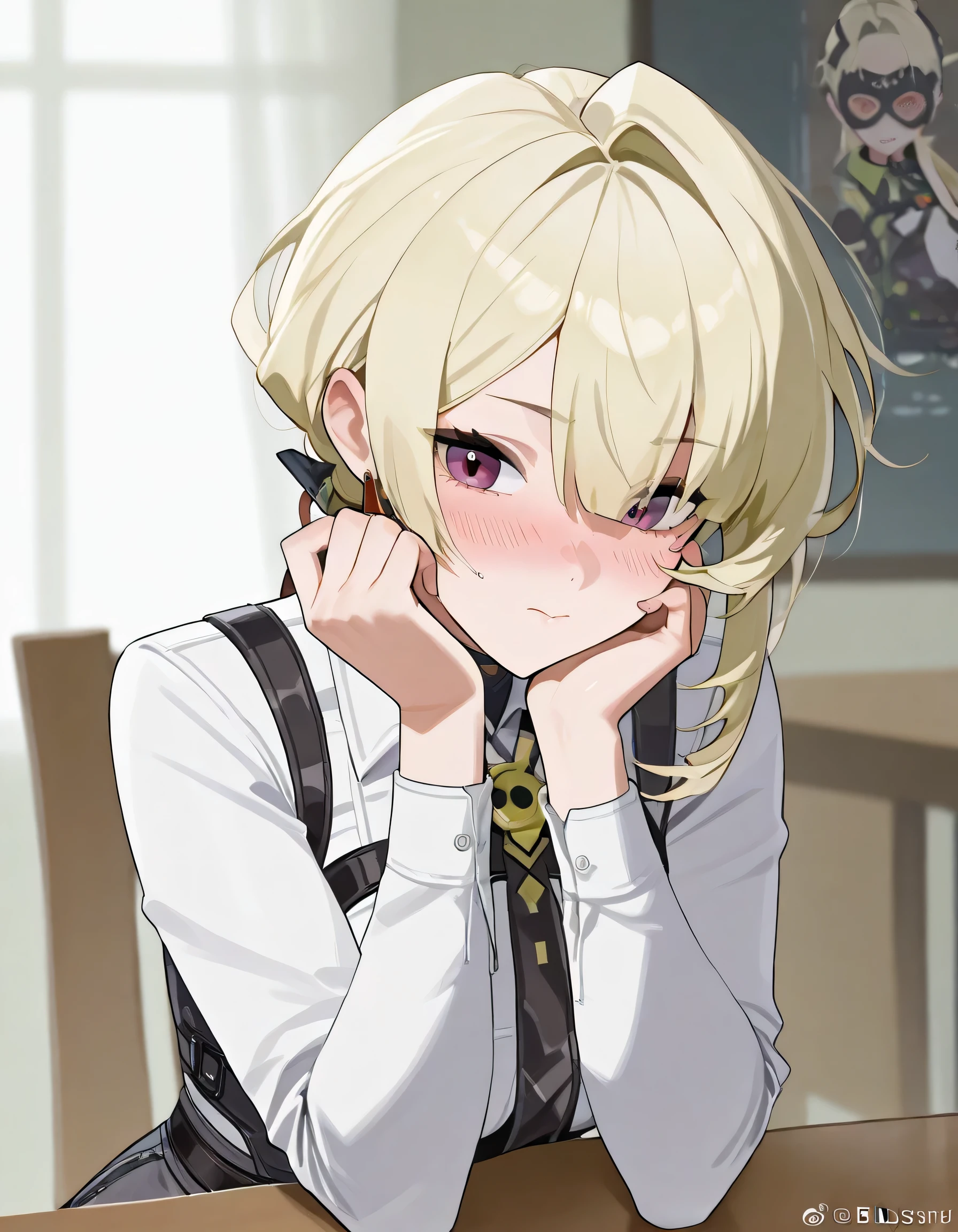 Anime character with blonde hair and purple eyes, her face so serious but still cute, she looking at you like she wanted your answer for her question, she sitting at the chair and her head lying on the table with curious face, her name is evelyn from zenless zone zero, blushing