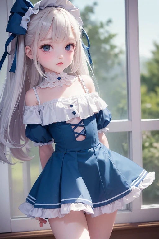 White hair, li, blue eyes, short hair, fluffy curls, white dress, berets, white knee-length socks