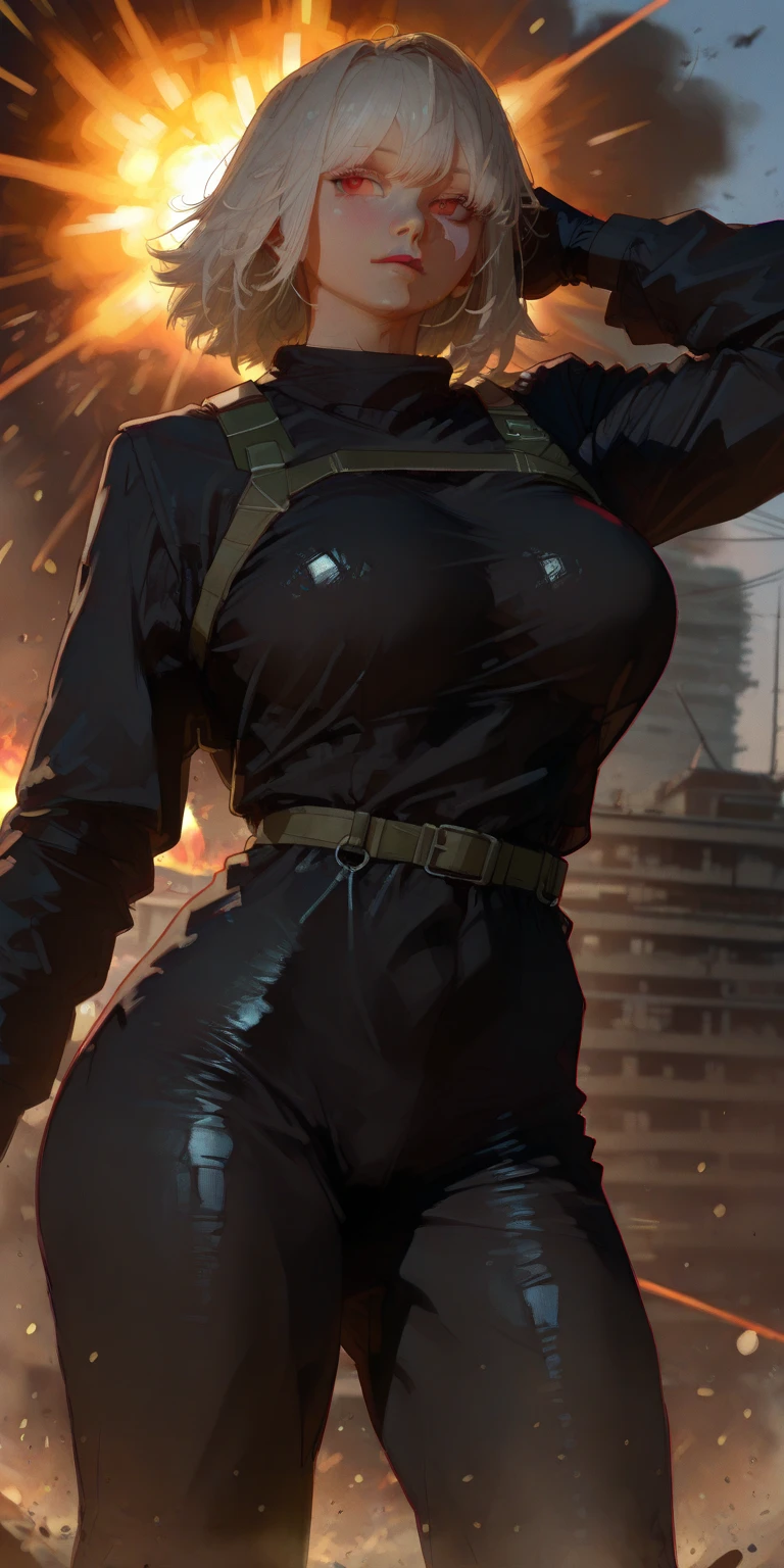 full body standing good face, nice ass, red spiky hair, beautiful woman, wide hips, cleavage, jumpsuit, leotard, heavy boots, apocalypse, muscular, thights, Mature woman, Abs, looks at the viewer, lustful smirking smile face red blush