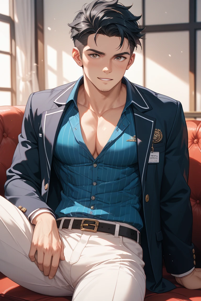 One Boy、High school students、Brown hair、The left eye is green、Right eye is blue、tall、Shirtless and wearing a blue jacket、light skinned、well-muscled、Thin macho、JINS、Quirk hair、Sitting on a chair、legs crossed、cafes、natta、Shameful。