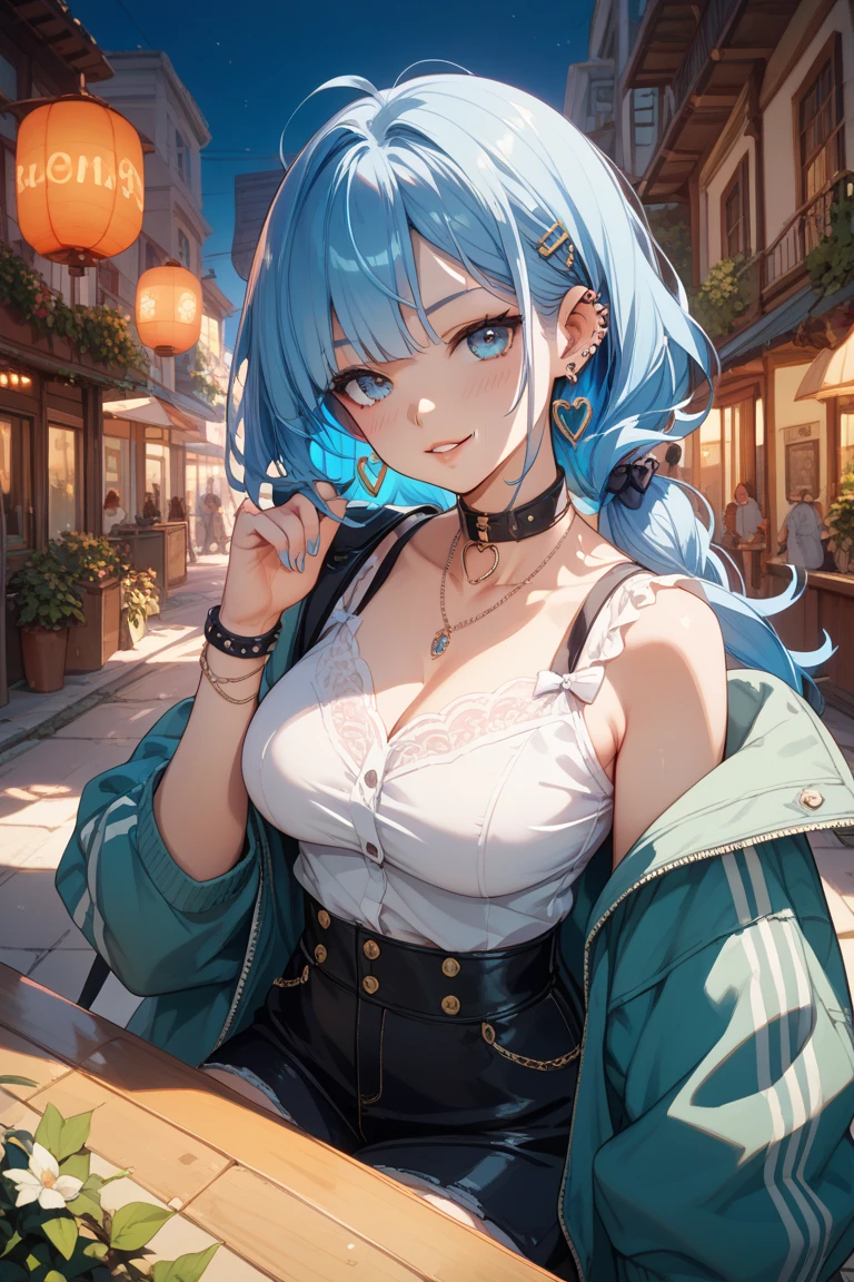 score_9, score_8_up, score_7_up, score_6_up, cleavage,Masterpiece, ultra detailed, high quality, masterpiece,1girl,solo,long hair,blue hair,hoodie,off shoulder:1.2, mob cap, street,hand on hip, hand in pocket,