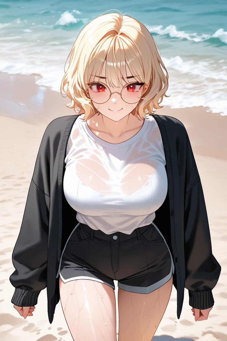 (erotic_anime_image), ((High_Quality)), ((Highly_Detailed)), ((Master_Handle)), ((Beautiful)), 1girl alone.(Pokemon_Penny) (smiling_coquettishly), (sexy_pose), (gray_eyes), (glasses ), (large_breasts), (skinny_tailoring), (red_and_light_blue_hair), (She wears_short_hair_with_fringe_the_part_of_the_fringe_is_red_color_about_a_quarter_on_the_right_side_is_also_red_and_the_rest_of_her_hair_is_blue), (swimsuit), (beach) _on_the_shore_of_the_sea_with_a_sunset)