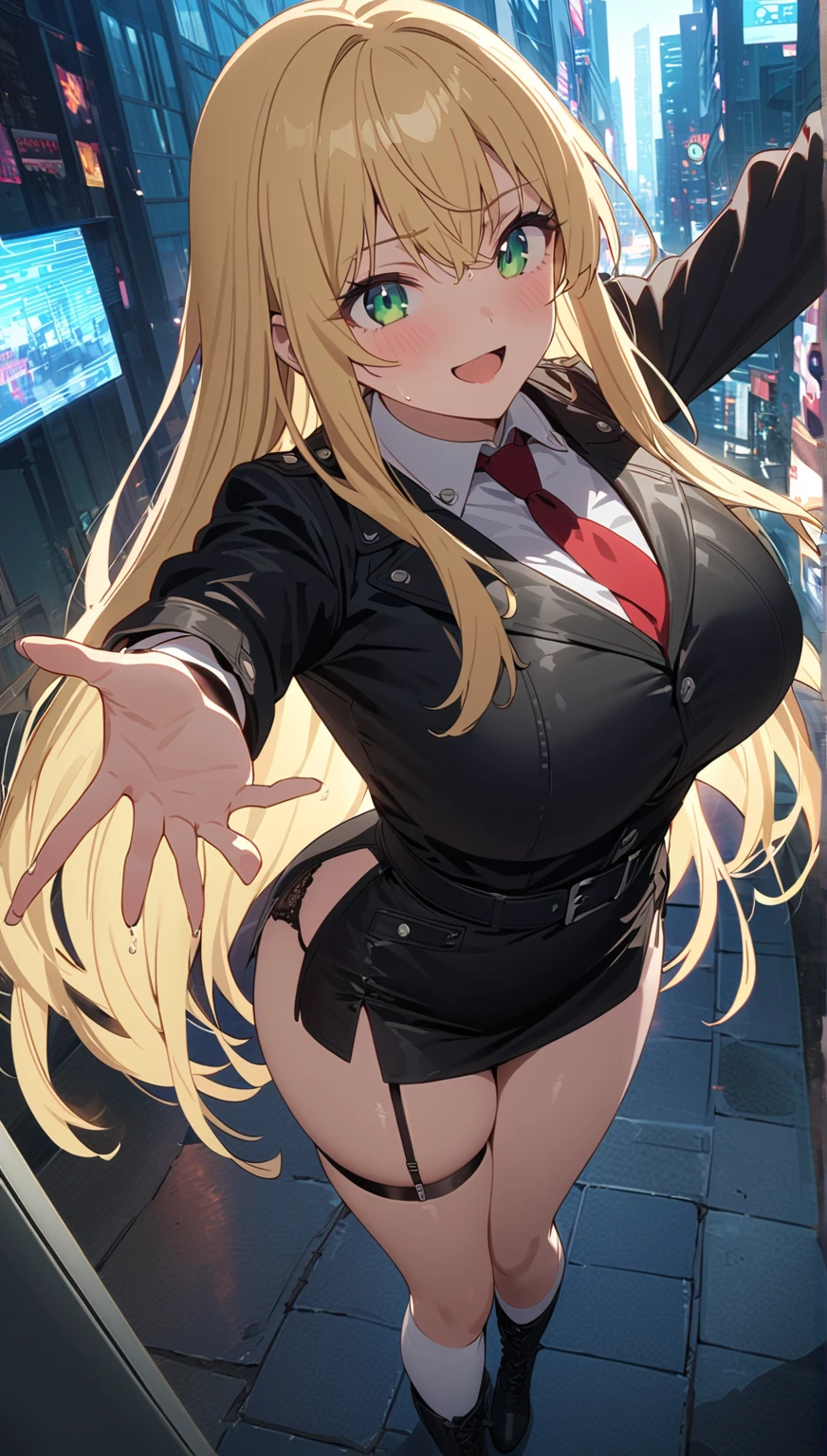 ((masterpiece,best quality anime,Highest quality:1.3)),cowboy shot,Mature Beauty,Female Wizard、solo,1woman,((very small head:1.3)),((ideal ratio body proportions:1.2)),blonde hair,high twin tails,straight long hair,bangs,gorgeous eyes,brown eyes,smile,(School uniform、Black blazer jacket、Red tie、Black pleated mini skirt),black_thighhighs,black hair ties,((slender body,skinny)),medium breasts,gleaming skin,shiny skin,Use magic、Light a flame at your fingertips、standing,on street,shibuya、Tokyo、A modern magical fantasy world、
