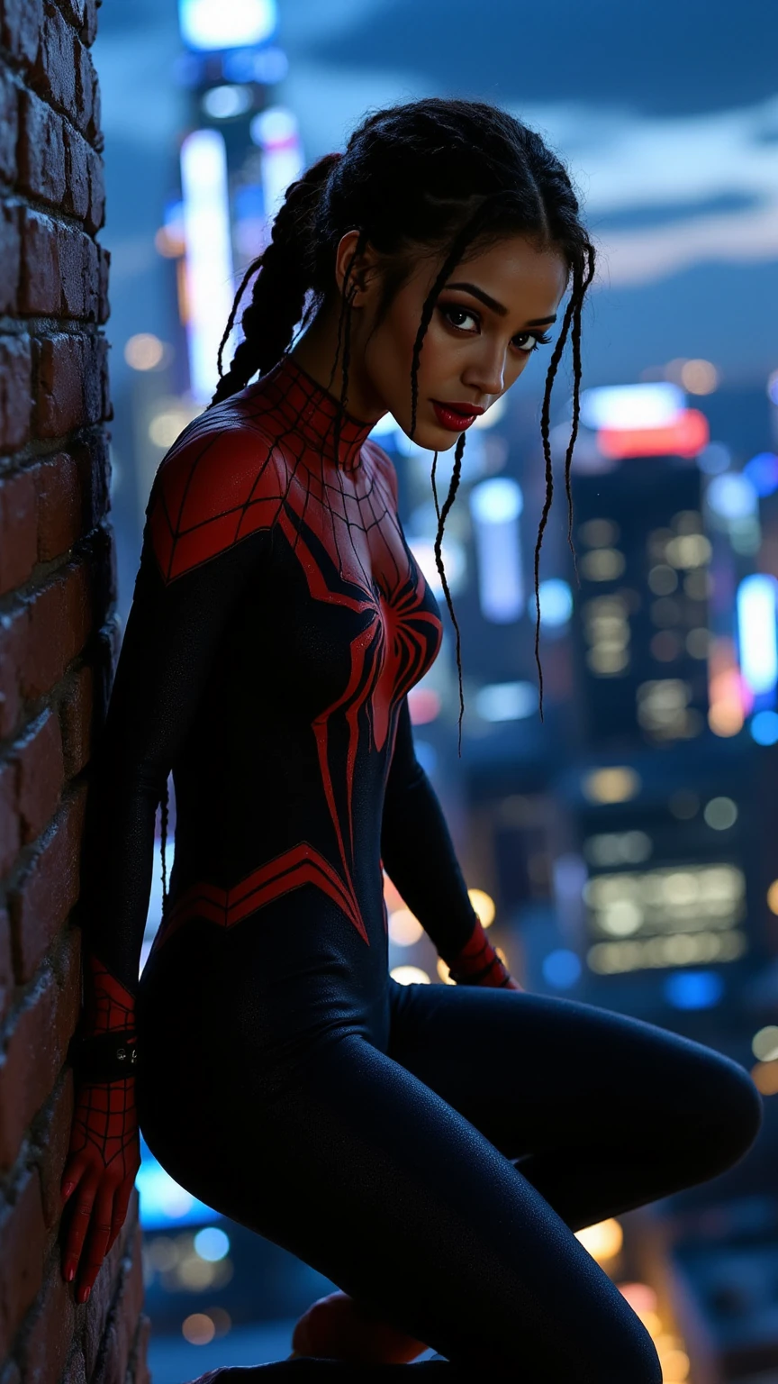 Artist , Spider-girl, shooting cobwebs and climbing like a flat ground on the outer wall of a building, transcends human physical abilities, Realistic,  Delicate Textures , high resolution, 4K, 8K, Masterpiece, portrait, cityscape in the background, night sky, Moonya, luxurious lighting, dreamy atmosphere, Intense color,  clear image 