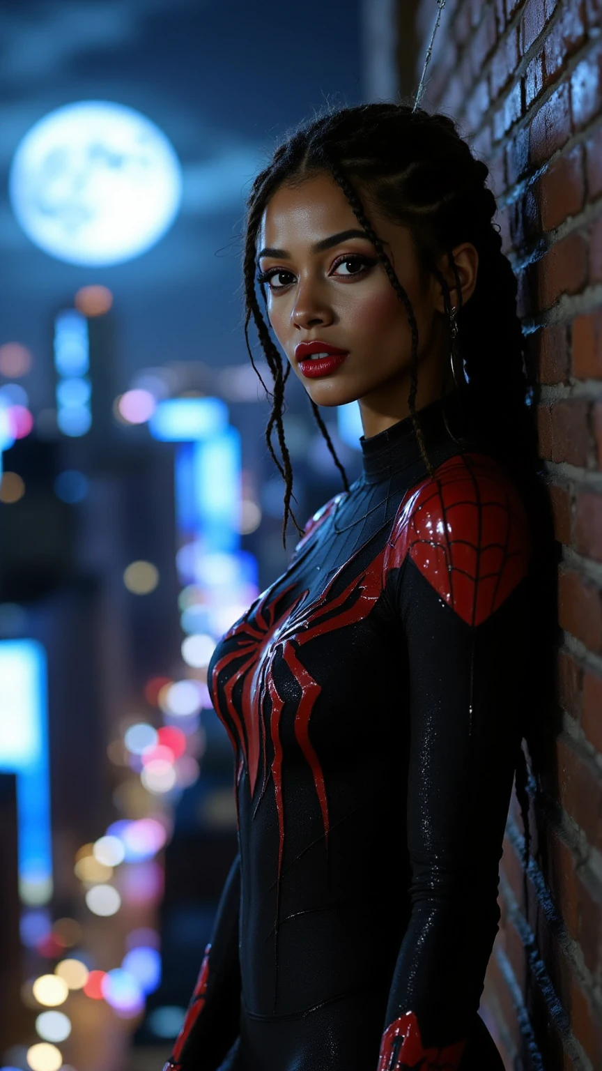 Zoe Saldana、マーベル・コミック映画のPoster, Very beautiful, Movies about Spiderman, sexy, whole body, I'm wearing a skirt、Premiere date, Poster、belly buttonを突き出す、new york、She's wearing a torn Spider-Man suit,The suit is torn、Wearing a skirt、 Red and black color scheme,dynamic、masterpiece、highest quality、Ultra-detailed、Very detailed、A delicate and beautiful shine、超A high resolution、Cinematic,Break,Breakdrop,(Torn clothes:1.5), (Wet clothes:1.4), Bare shoulders,Real Rain,Wet Hair,belly button、Exposing Skin、sexyな肩を見せてる