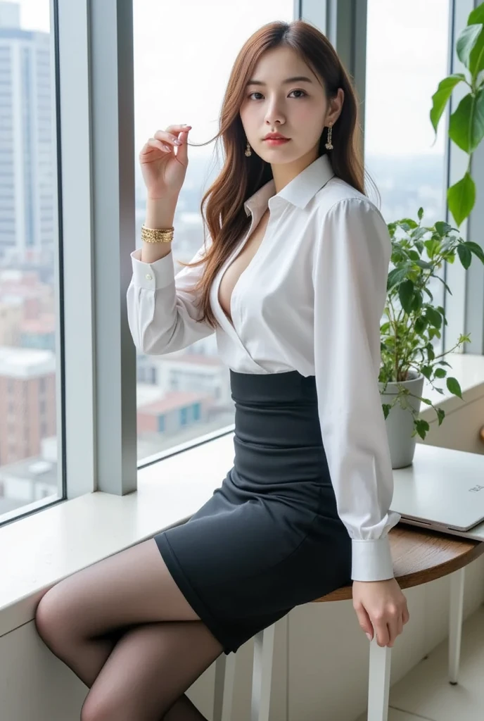 Tabletop, highest quality, Realistic, Very detailed, finely, High resolution, 8k wallpaper, One beautiful woman,, Light brown messy hair, He is wearing a black see-through dress shirt with an open collar....., Sharp focus, Perfect dynamic composition, Beautiful and detailed, Thinning hair, Detailed Realistic skin texture, smile, Close-up portrait, Model Body Type、president'secretary、mini skirt、High heels、
