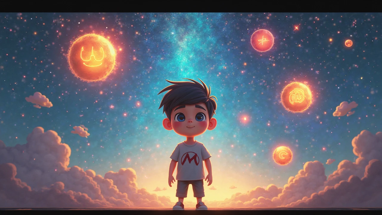 Create an image of a child in the universe with the phrase Tinho Kids