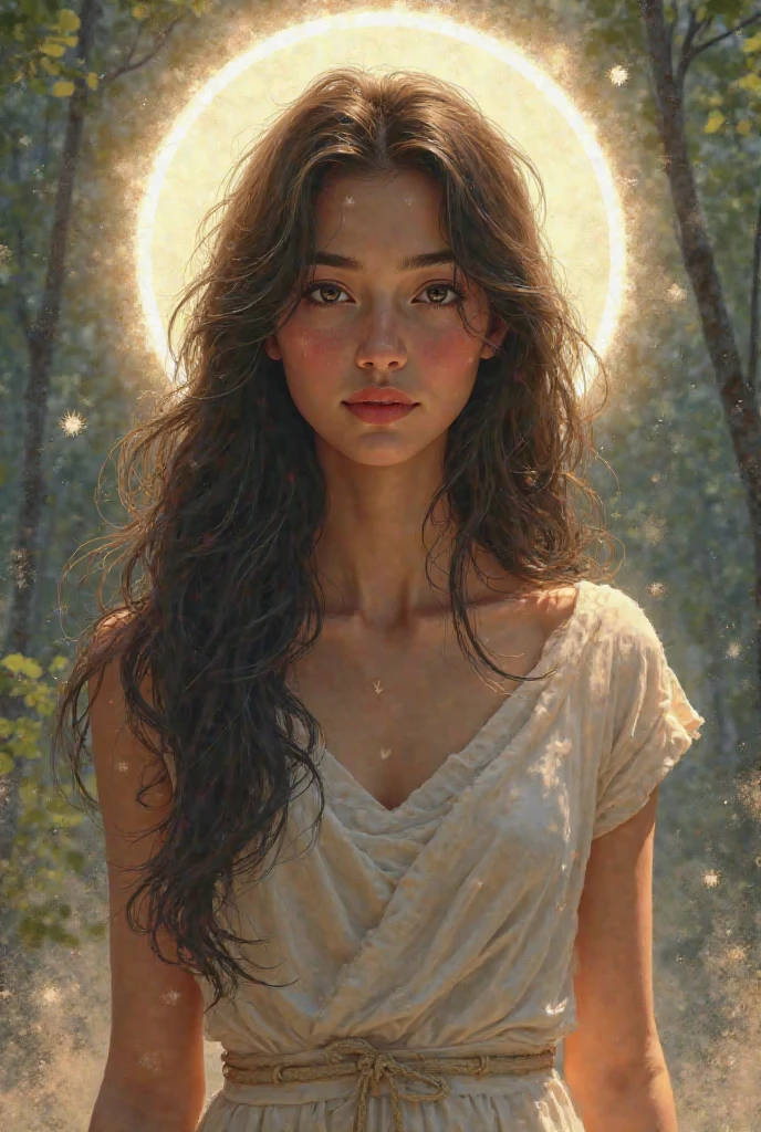 Being feminine with transparent halos, warrior, Bella, with a non-human face and non-existent black hair and brown tones in clothing