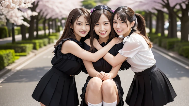 masterpiece, top quality, full body, bangs, black choker, 2girls, lily, lesbian kiss, kiss, (black hair), long hair, twin tails, hug, cleavage, bountiful breasts, summer sailor suit, slim, see-through, micro mini skirt, pleated skirt,