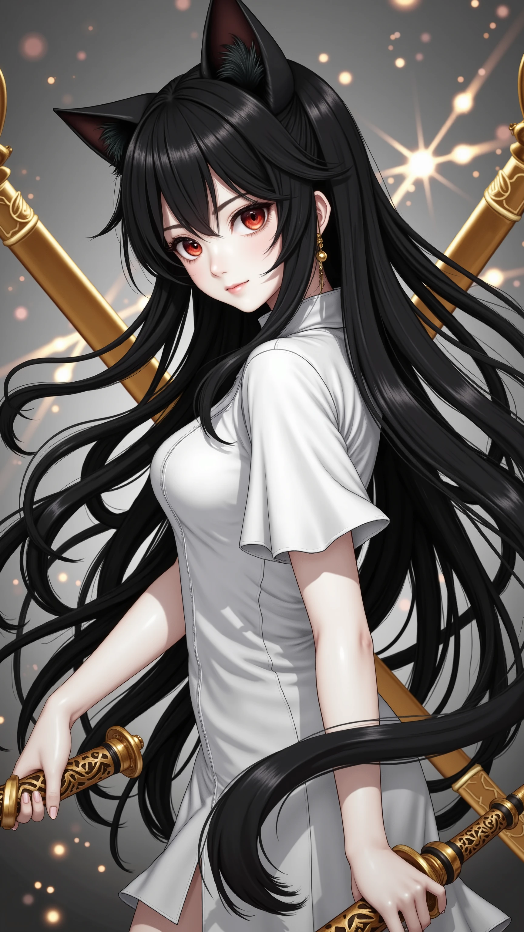 Masterpiece,The Best Quality, newer ,Absurds, highres,, a ,sword combat , monochrome,grayscale,((gold-colored swords in the background)), camisa blanca,,earring,alone ,((cat girl, cat black ears)), (red eyes), (long hair), (( black hair, (Ahoge), straight bangs,)),