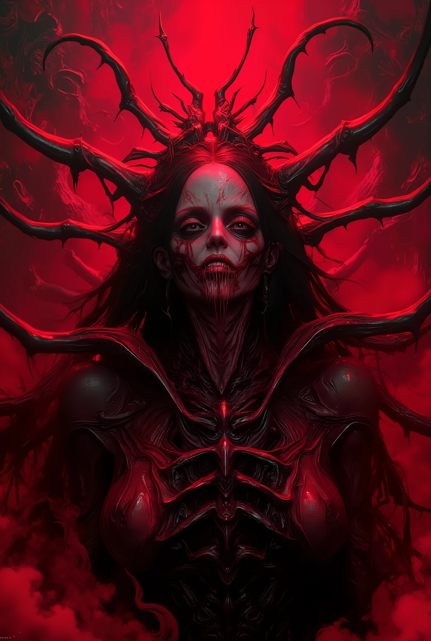 Terrible Devil, scary female Beelzebub, (Queen of Flies:1.5),high quality,realistic 3D, horror art, Magician,daemon,dark vibe,red and black colors, extremely detailed, masterpiece,4K realistic with lots of detail,photorealistic,Extreme Detailed Expression,professional,vivid colors, neon colored Bokeh, (Best Quality, 4K, 8k, High Resolution, Masterpiece: 1.2), (Super Detailed, realistic, photorealistic:1.37), 