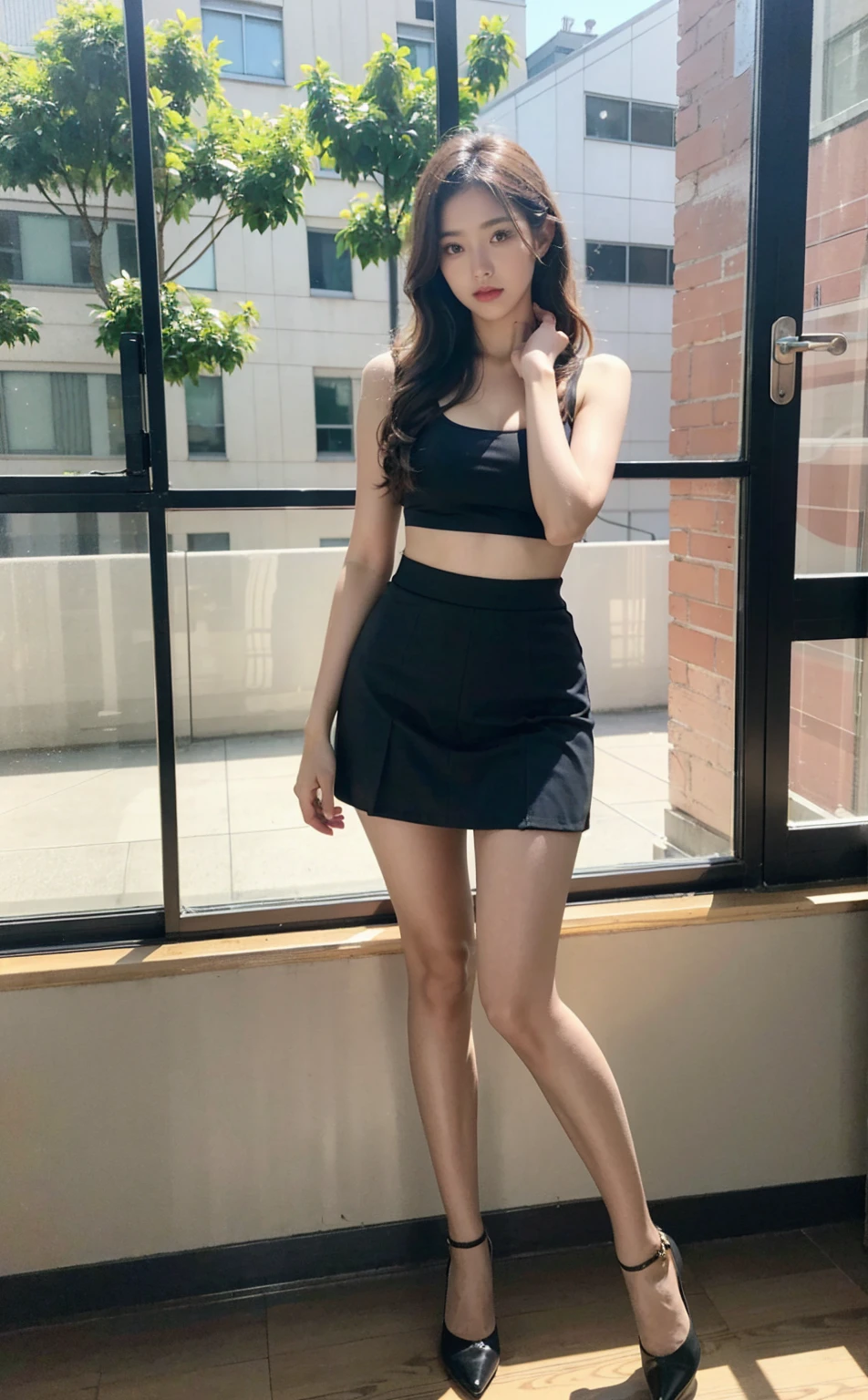 (8k, RAW Photos, highest quality, masterpiece:1.2), Super Resolution, (Realistic, Realistic Photo:1.37), whole body, 頭からつま先までwhole body, High-resolution RAW color photos, Professional photos, Very detailed, 8k wallpaper, Very detailed美少女, Very detailed顔, Very detailed目, Very detailed肌, Very detailed指, Very detailed鼻, Very detailed詳細な口 , Very detailedな脚, Perfect Anatomy, Very detailed背景, Very detailed衣服, 1 girl, (18:1.2), Age 25,  Fair skin, Glowing Skin , Curly Hair, (bangs:1.2), smile, Cute face, Realistic face, Green transparent costume, Micro Mini Skirt, Earrings, Squatting with your butt facing the camera, Dynamic Lighting, Very large breasts, stockings, High heels