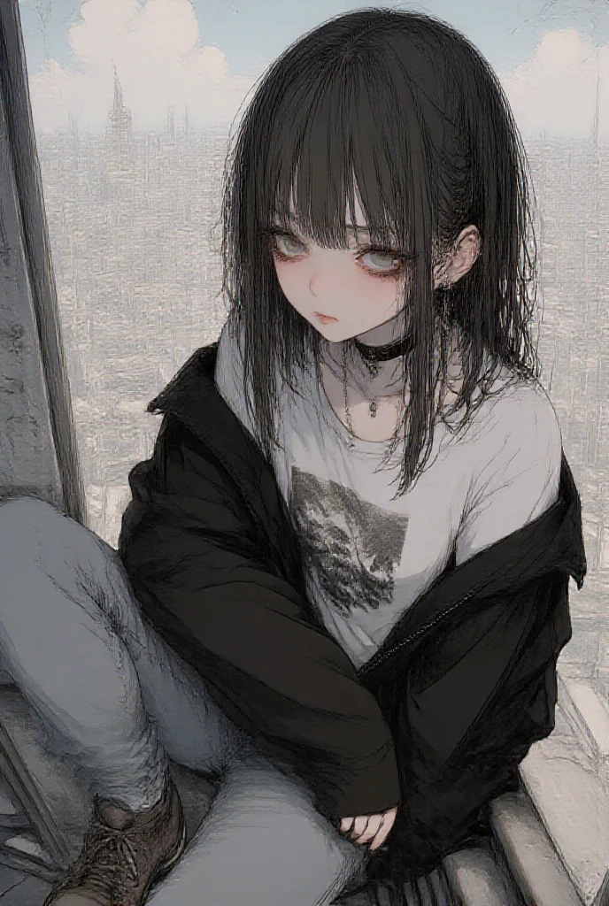 1girl, rebel and casual outfit, long hair with bangs, beautiful detail eyes, proportional figure, (squatting, full shot), (stylized:1.3), (Highly detailed), (high resolution), (Best quality), (masterpiece)
