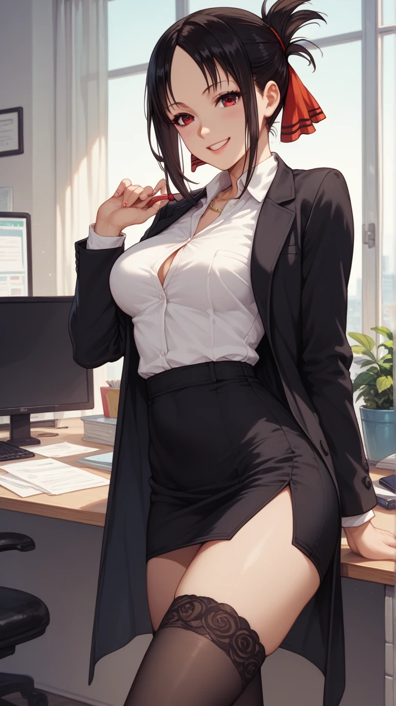 (Best quality:1.1), (Masterpiece:1.2), Highqualityshadow, Beautiful detailed, Beautiful face, Detailed eyes, Off-the-shoulder attire，Depth of field, A high resolution, Best shadow, Best illumination, 1girll, view the viewer, （A pink-haired:1.3)，Brush cut，extra very short hair, Blunt bangs, Long hair, Black eyes, Shy, Large breasts, Miniskirt, blouse, Blazer, Pump, Office Lady, Glasses,cleavage，looks into camera，ssmile，closeup cleavage，Superskirt