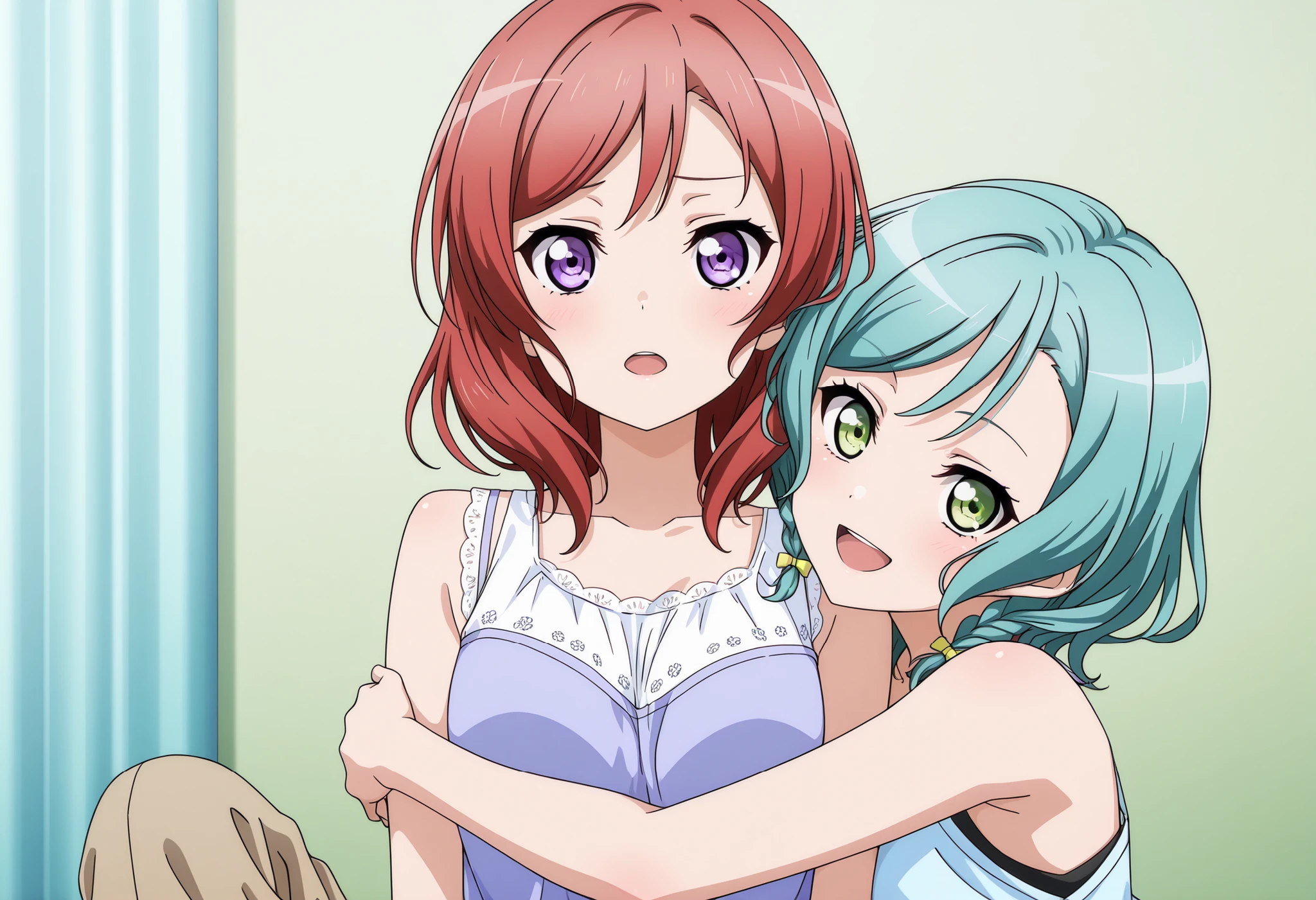 score_9, score_8_up, score_7_up, best quality, masterpiece, source_anime, anime coloring, anime screencap, official art 3d bang dream! official art 3d, Detailed eyes, Perfect eyes, good eyes, shiny color, Head is all visible, From top to thigh, From the front, multiple girls,
BREAK 
2girl, hikawa hina, Aqua hair, green eyes, open mouth,
bang dream!, best quality, amazing quality, very aesthetic,, maki nishikino, short hair, purple eyes, red hair, hug, looking at viewer, smile, 2 characters , singlet, Levis Pants,