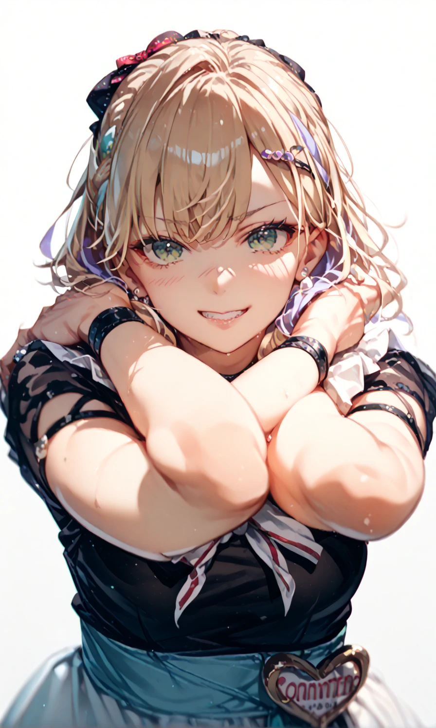 masterpiece,16k,8k,Delicate expression,highest quality,high resolution,High resolution,Sweat,1girl,look at viewer, seductive smile,sweat stains,fish eye lens,front face,from above,paw pose,upper body,show your oral,open mouth,long tongue out, drool,heart shaped pupils,green eye,blond hair,sister,spoken heart