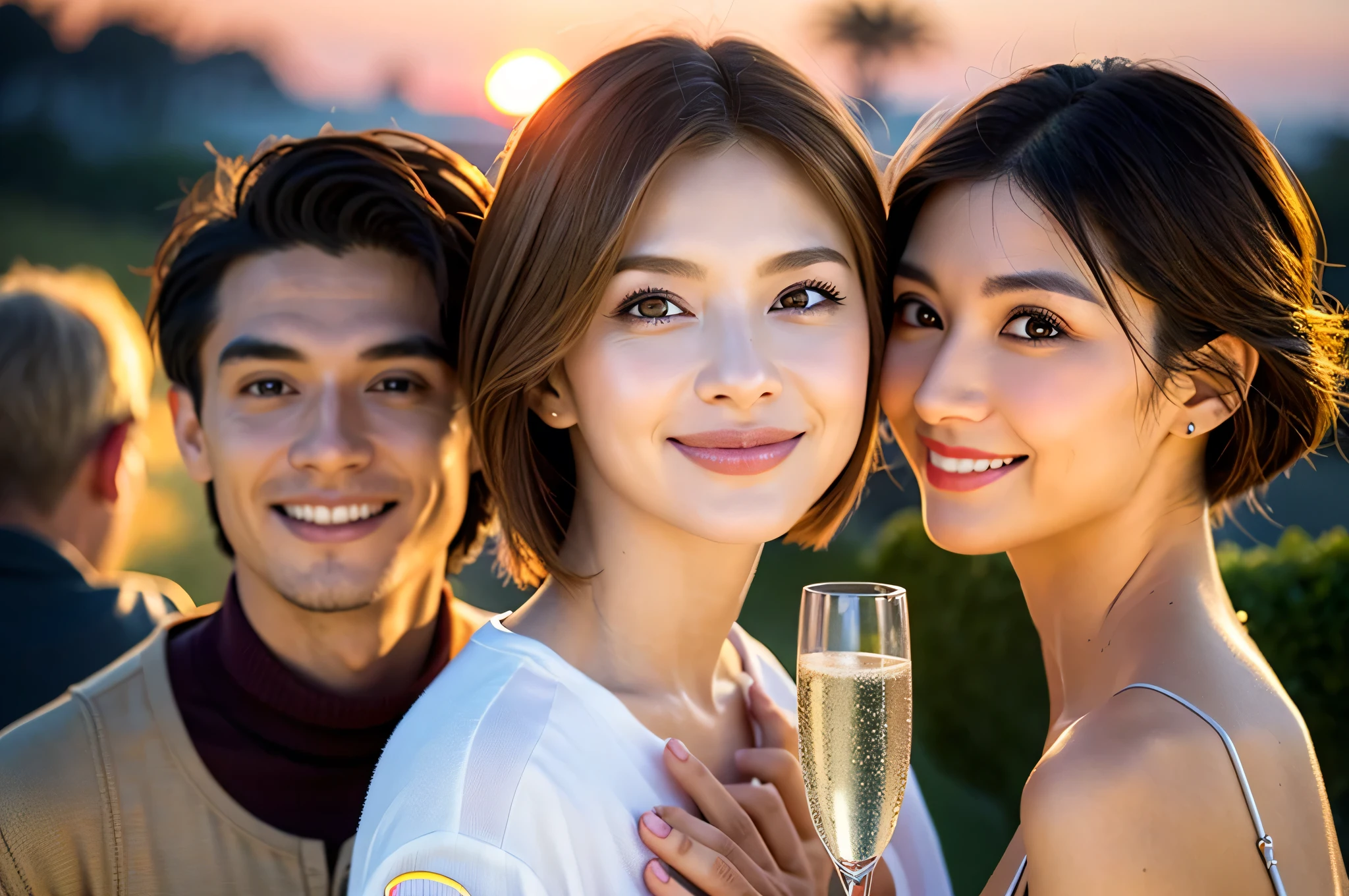 (Realistic:1.1),(masterpiece,Highest quality),8k,(40 years old), 42 years old, slimカップル、Model Couple、Actress/Actor、Tight waist,Upper Body,full-course dinner、wine 、Amazing view of the sunset sky and clouds、Perfect Anatomy, Brown Hair, Short Hair,Random Hairstyles,((Highly detailed face and eyes:1.2))(cute顔:1.4),Beautiful actress face,Perfect golden ratio face,Long sleeve shirt、dress,(smile:1.2)、Shortcuts、cute、(Realistic, Intricate details:1.2), A bright smile、short hair,Bright Face、赤wine 、Appetizers、Italian food、wine bottle、Champagne、スパークリングwine、(slimな顔), (The body is slim), (Brown Hair), (Shortcuts), Upper Body, 白wine, slim, wineグラス,