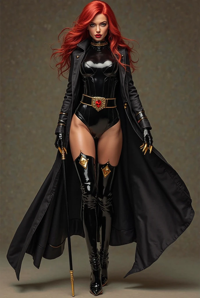 Sophie Turner wearing the Evil Dark Phoenix costume, smiling, red hair tied in a bun at the back of her head, black corset, black thong panties, wears long black leather boots, long black gloves that cover her arms until above the elbows, black cape with a red rose, standing with a long black whip in her right hand, a full-body, hyper-realistic image