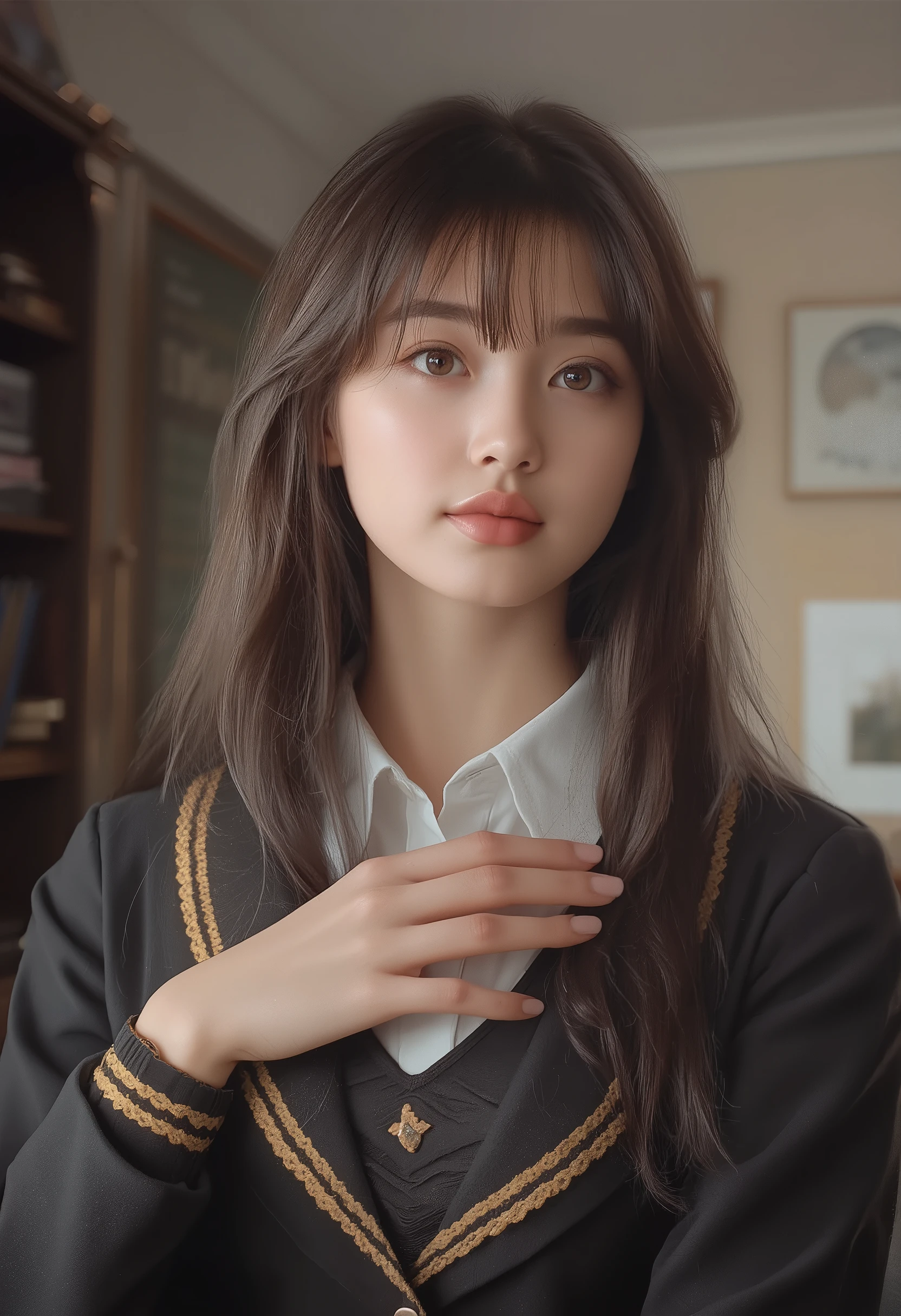 (masterpiece, Highest_quality:1.2), 1girl, Alone, cute, huge_chest:1.4, schools_girl_Costume:1.5, detail eyes, detailed lips, Long Lashes, beautiful, elegant, gentle expression, complicated details, photorealistic, studio lighting, bright colors, realistic, warm lighting on both sides of the frame, like the movie, detailed background, class_room:1.3