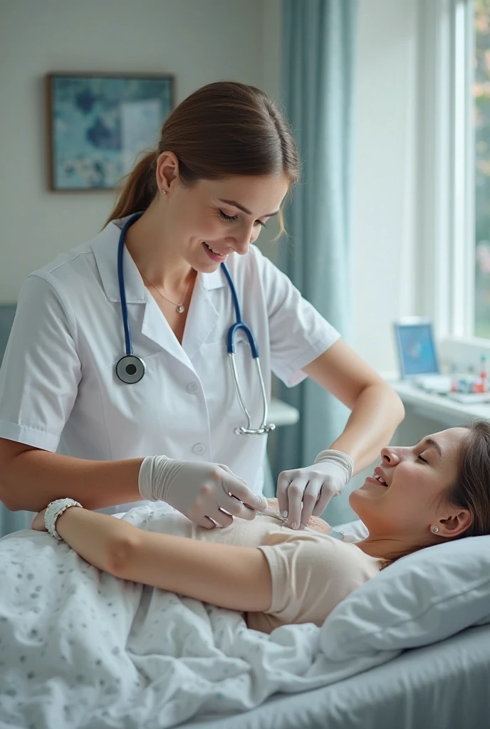 Woman Doctor wraps first aid bandage on patient after implanting contraceptive implant