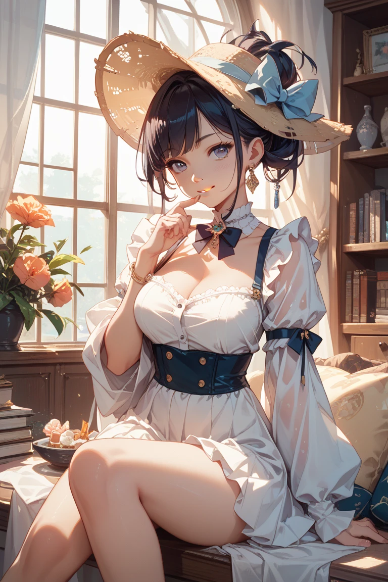 (Masterpiece), (Best quality), (Ultra-detailed), (Solo), 1girll, full body, Complex mirrors, pearls necklace, Embroidery, Sleeve frills, Dress silk overlay, Asymmetrical dress, Crubnika skirt medium size breasts, gold city\(umamusume)\, Horse Ears, butterfly style