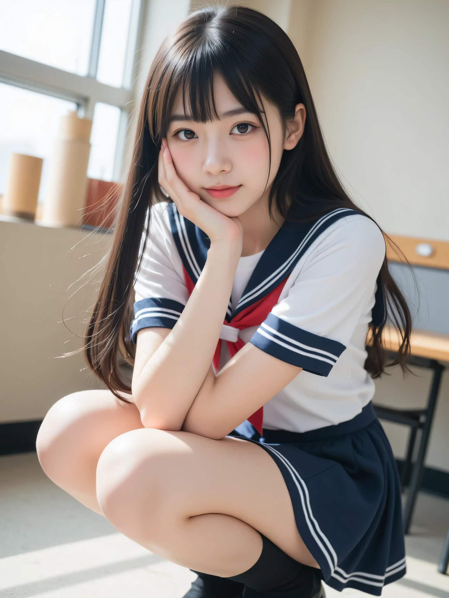 japanese cute idol, Japanese cute girl, kawaii, a beautiful young girl dressed up as a sailor girl, 1girl, solo, school uniform, serafuku, skirt, black hair, long hair, looking at viewer, socks, masterpiece, best quality, hyper detailed, insanely detailed, 16k, absurdres, japanese,cute, kawaii, photorealistic, Realism, raw photo, real person, nsfw nipples , class room , school room , blush face, open ,squatting,