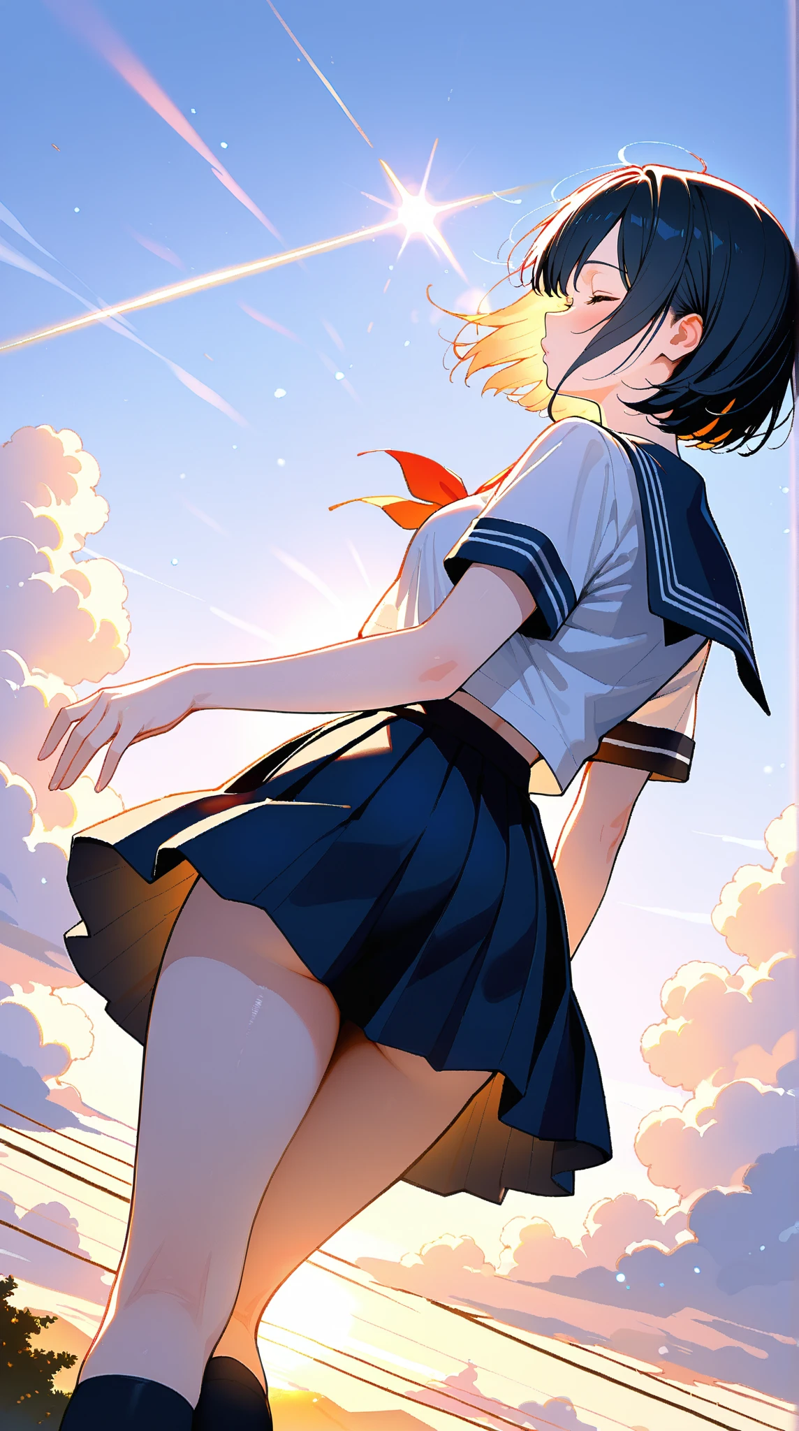 Anime girl in uniform posing on the street One girl、blush、Embarrassed look、Perfect Anatomy、Short Bob、Small breasts、(((White student sailor uniform、Dark navy blue pleated student mini skirt、Black knee socks)))、((Hair tousled by the wind、Messy Hair、Broken hairstyle))、(((The wind blows up my skirt:1.3、White panties、Cute ass)))、Pay attention to the butt、Professional Lighting, Film Grain, chromatic aberration, (Eye and facial details:1.0), (Bokeh:1.1)、software:1.5)))、 Highest quality, 8k, 20talent