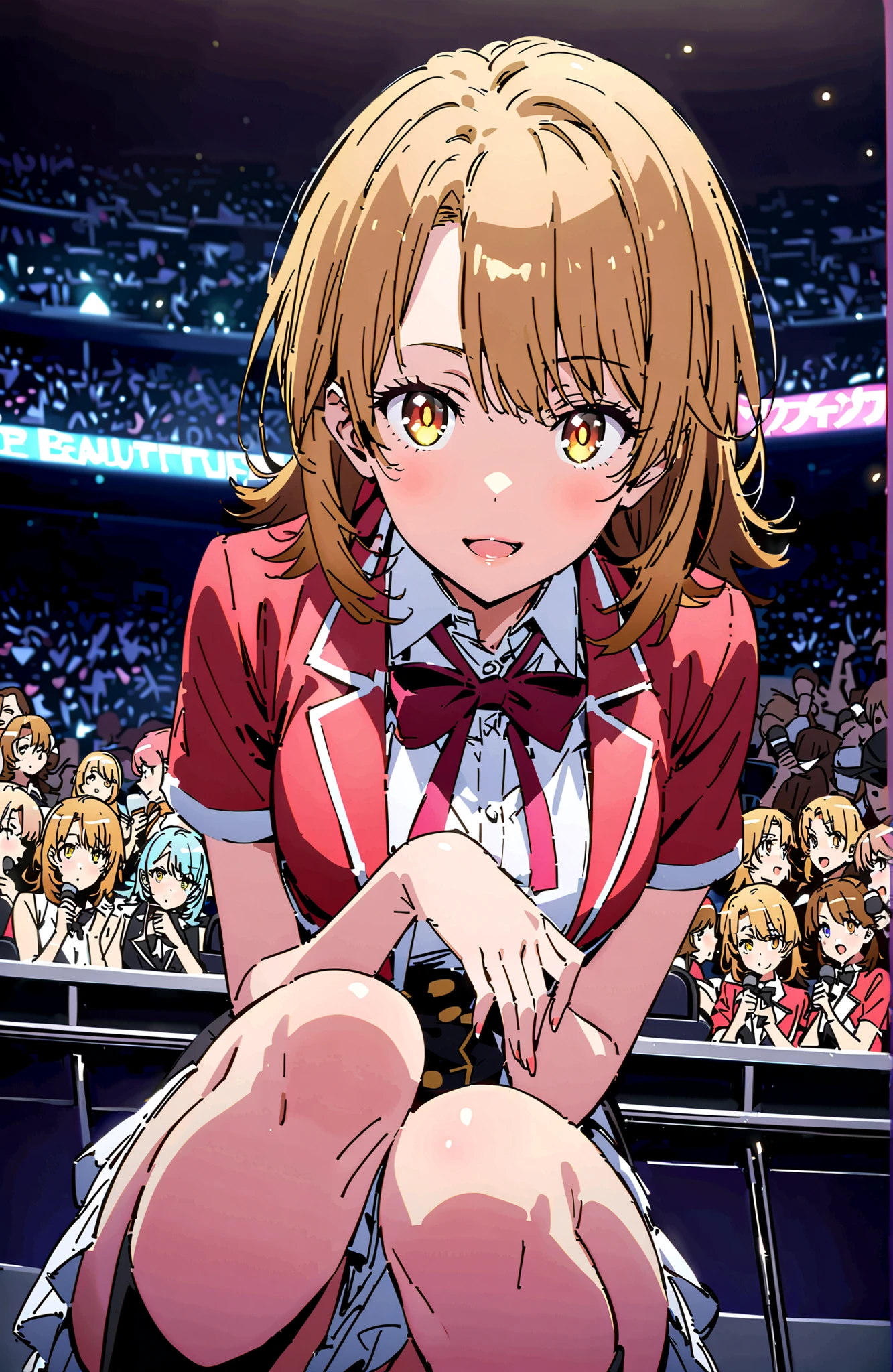 Irohaisshiki, Isshiki Iroha , short hair, brown hair, brown eyes,smile,cover,open your mouth,
idol costume, dress,collared  dress,jacket,cropped jacket,Short sleeve,bowtie,bow,button,villages with,(white knee-high:1.2),boots,アイドル歌手がライブ ステージで熱狂的に歌うシーンのillustrations,the idol singer stands in the center of the stage, idol singers sing with microphones , idol singers are serious and impressive ,The singer&#39;s voice is strong and beautiful. ,  fans gather around the stage ,   fans sing and dance with idol singers Idol singers who do things  ,The Big Picture, Various colored lights ,full bodyがillustrationsに入るように,break indoors,Concert Hall,
break looking at viewer,full body,
break (masterpiece:1.2), Best Quality, high resolution, Unity 8k 壁紙, (illustrations:0.8), (beautiful detailed eyes:1.6), very detailed face,  perfect lighting on the table, Extremely Detailed CG, (perfect hand, perfect anatomy),